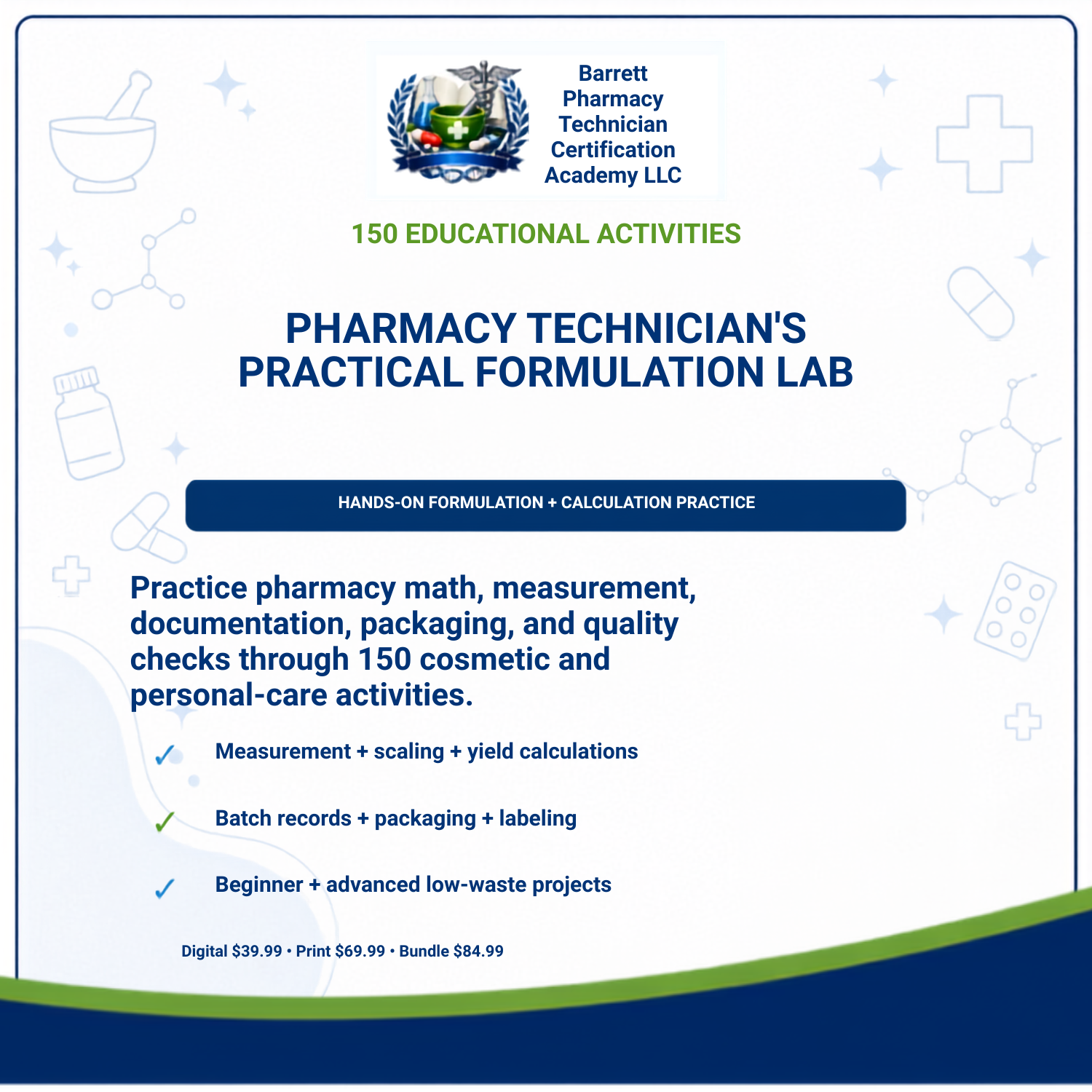 Promotional graphic for a Pharmacy Technician's Practical Formulation Lab digital/print bundle by Barrett Pharmacy Technician Certification Academy LLC, with text, icons, and pricing on a white background with blue and green accents.