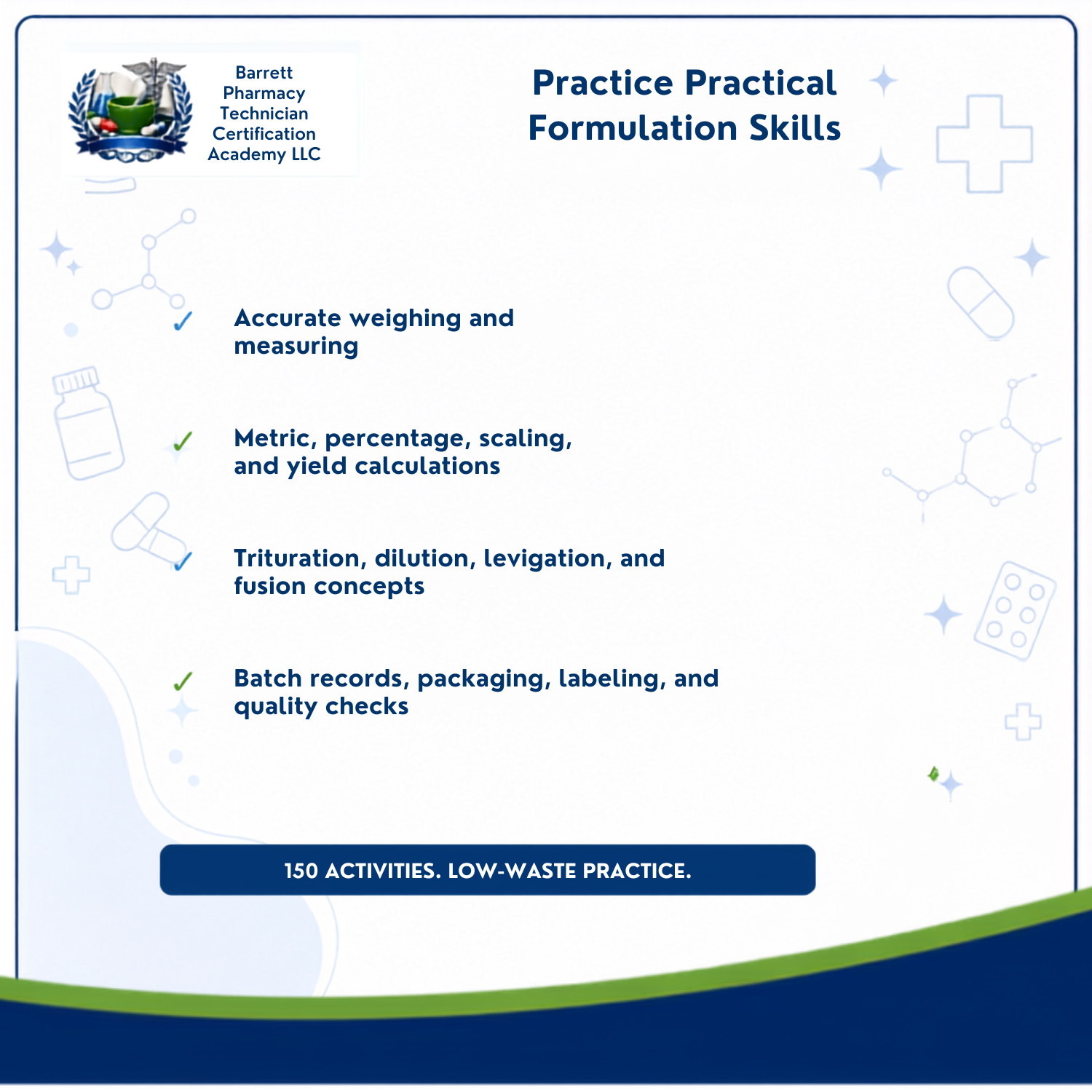 Promotional graphic for a Barrett Pharmacy Technician Certification Academy LLC resource titled 'Practice Practical Formulation Skills,' listing bullet points about accurate weighing and measuring, metric and percentage calculations, titration and dilution concepts, and batch records, with a blue banner reading '150 ACTIVITIES. LOW-WASTE PRACTICE.