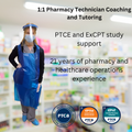 Person in a pharmacy setting wearing protective gear with text about pharmacy technician coaching and tutoring services.