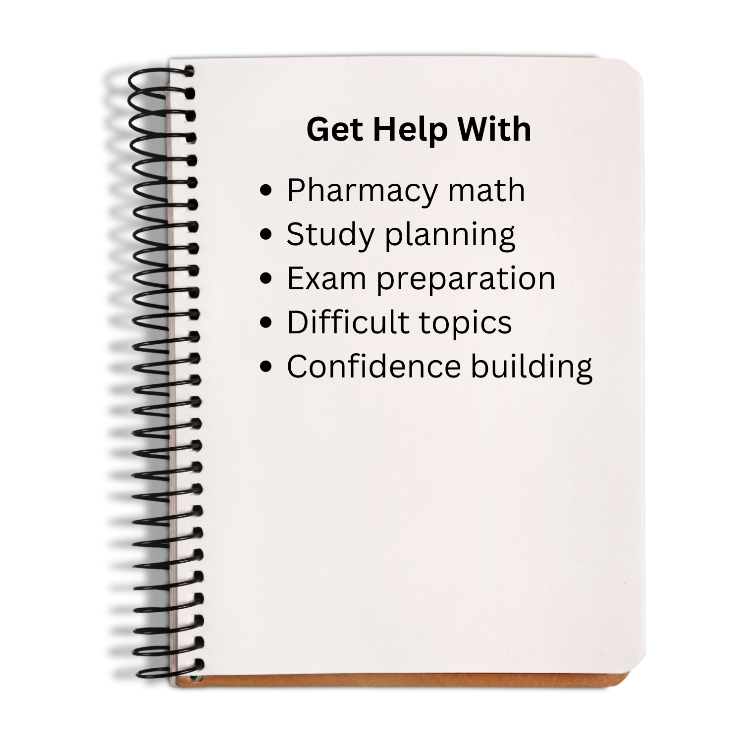Notebook with text on pharmacy education help on a white background