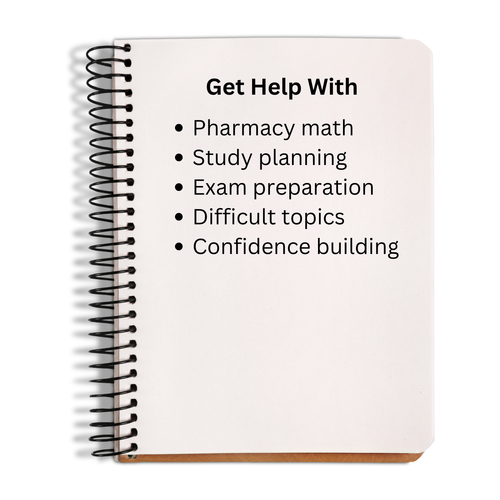 Notebook with text on pharmacy education help on a white background