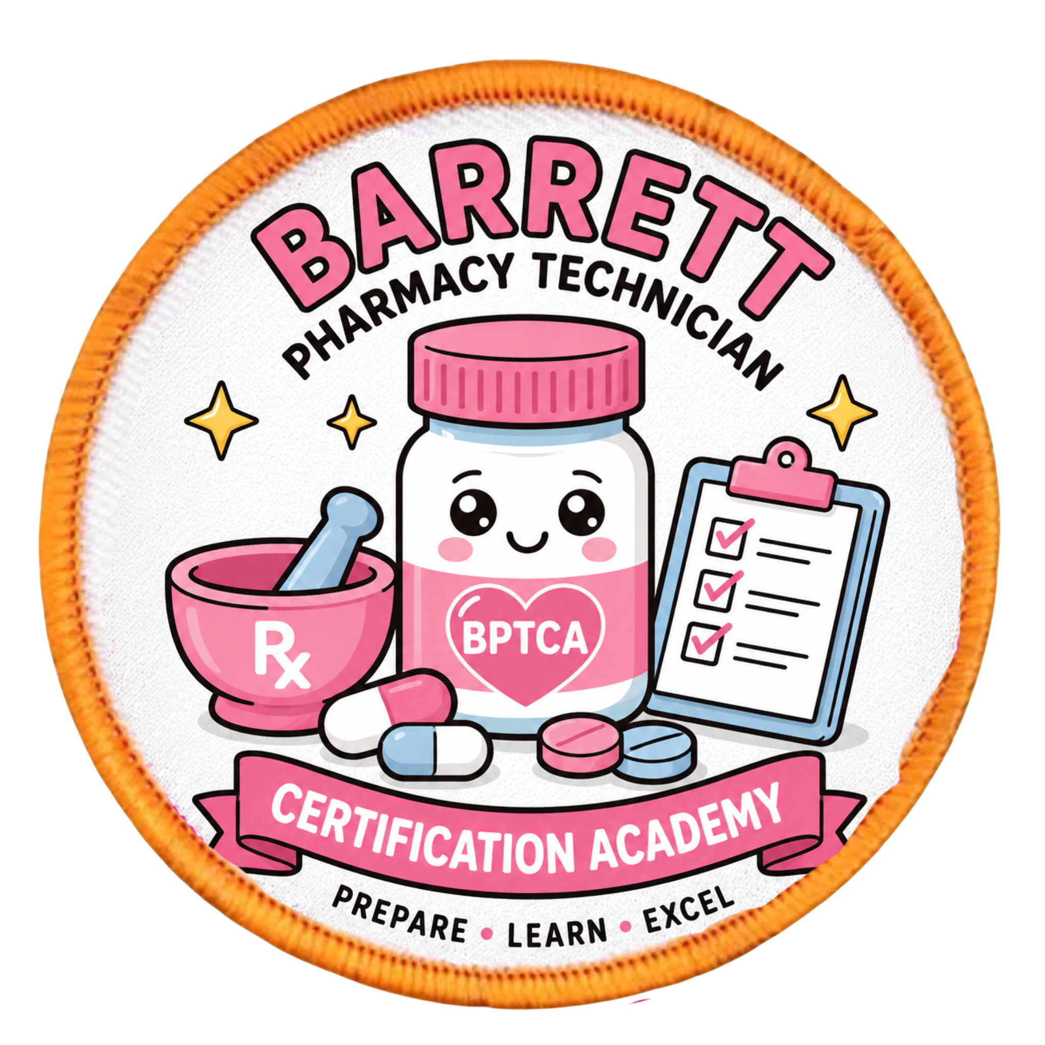 Patch with cartoon pharmacy bottle, mortar and pestle, and clipboard on a white background