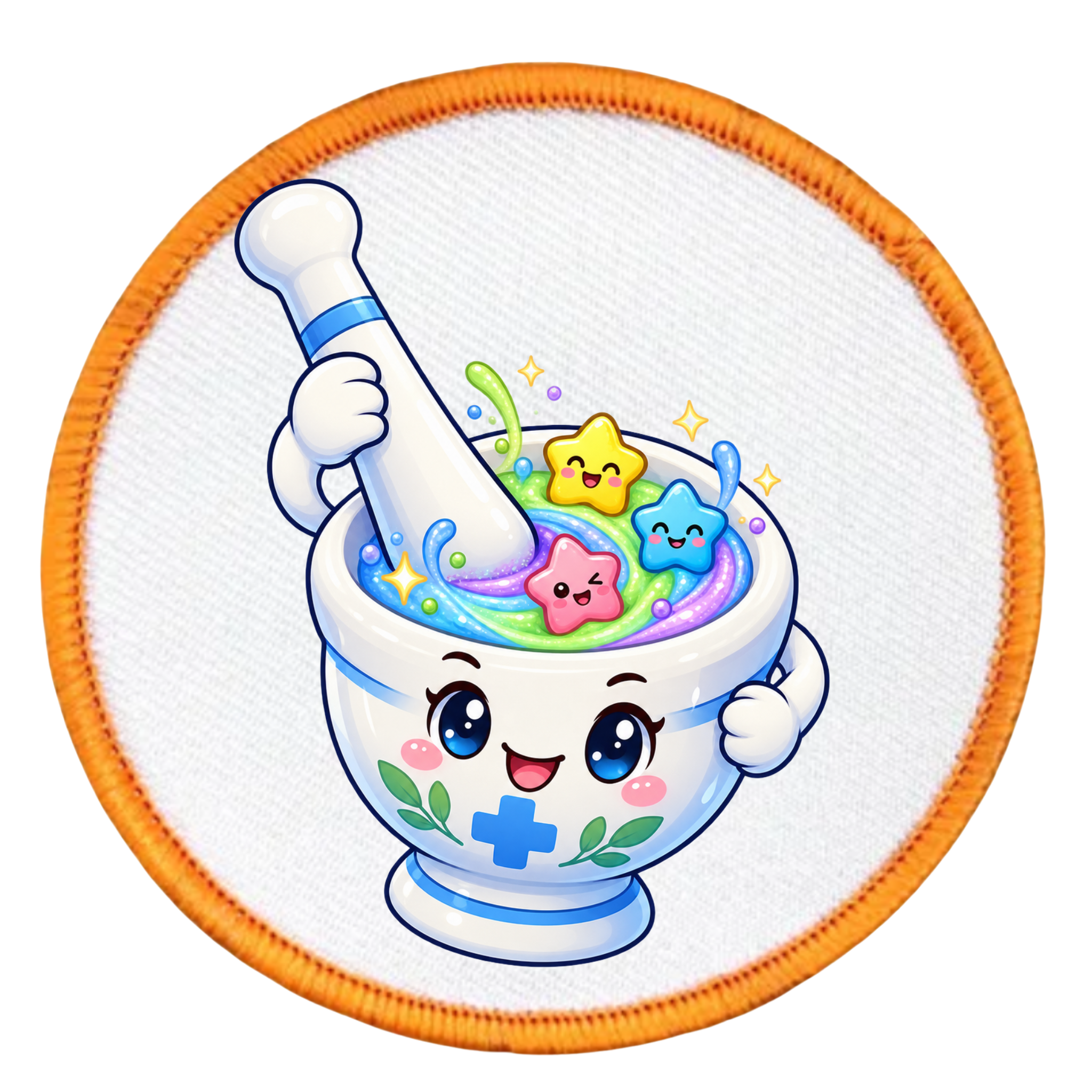 A circular patch featuring a cute cartoon illustration of a white mortar and pestle filled with colorful pastel potion and smiling star characters, set against a white textured background with an orange stitched border.