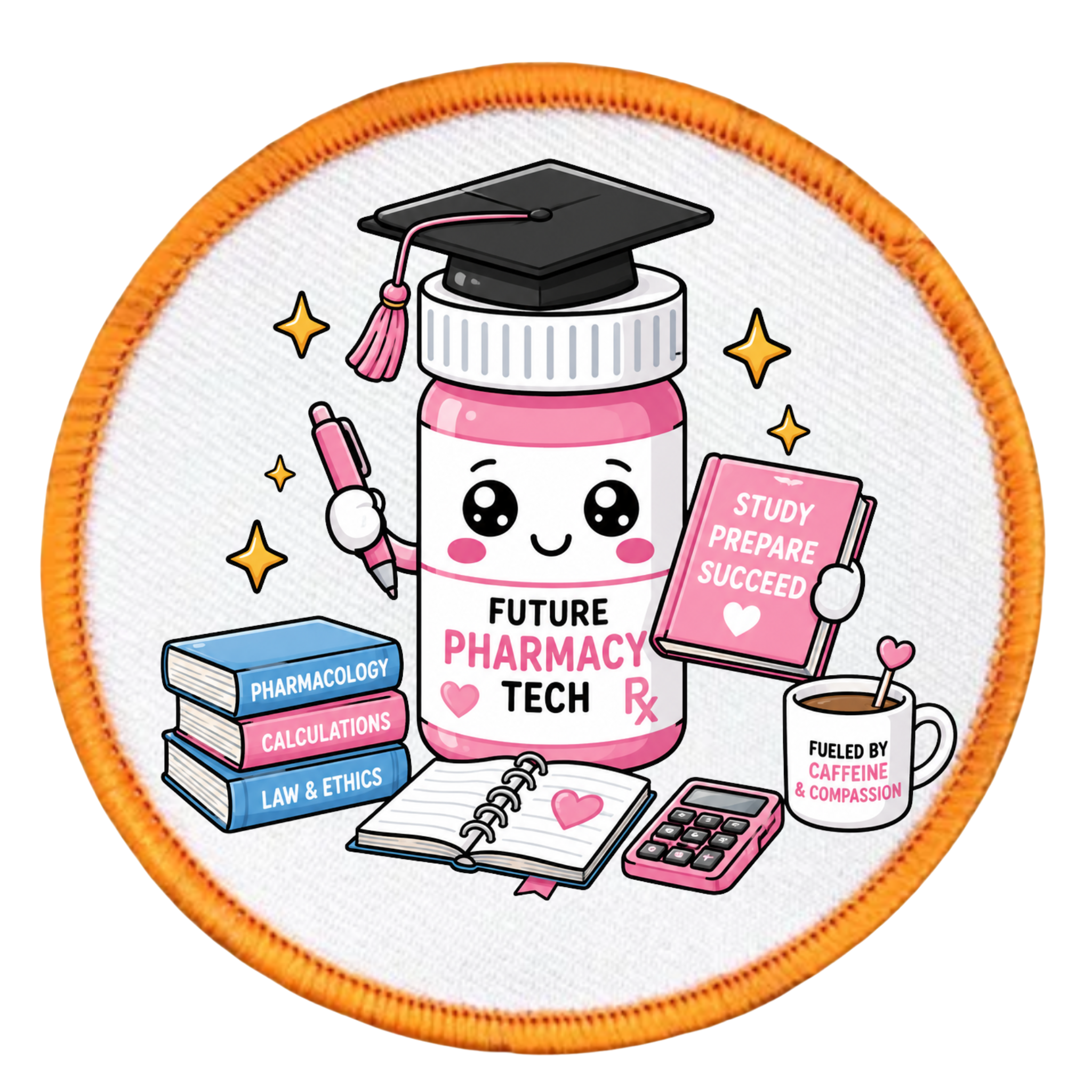 Illustration of a pink pharmacy-themed patch with a jar character, books, and a coffee cup on a white background.