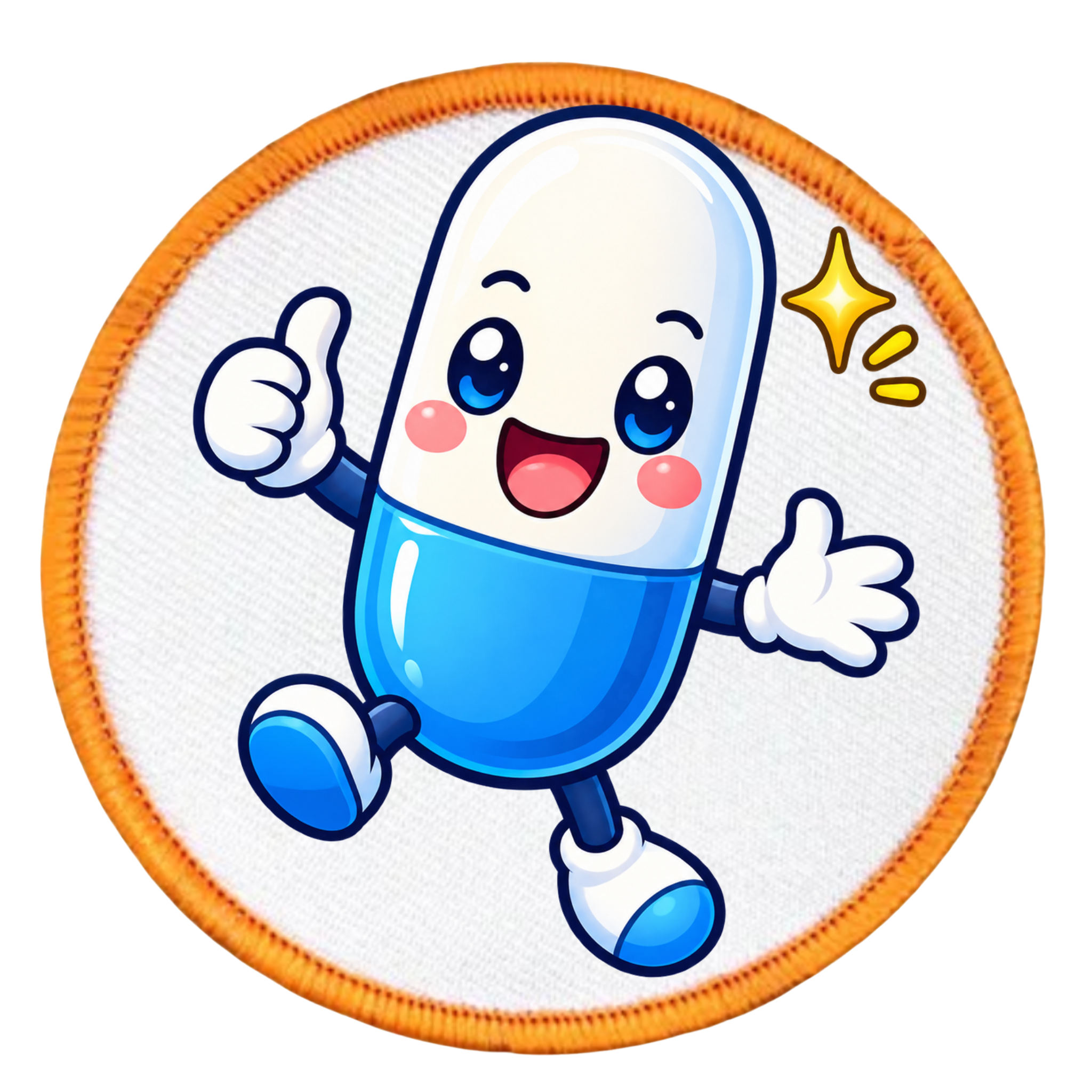A circular embroidered patch featuring a cute, smiling blue-and-white capsule character with arms and legs, set against a white textured background with an orange stitched border.