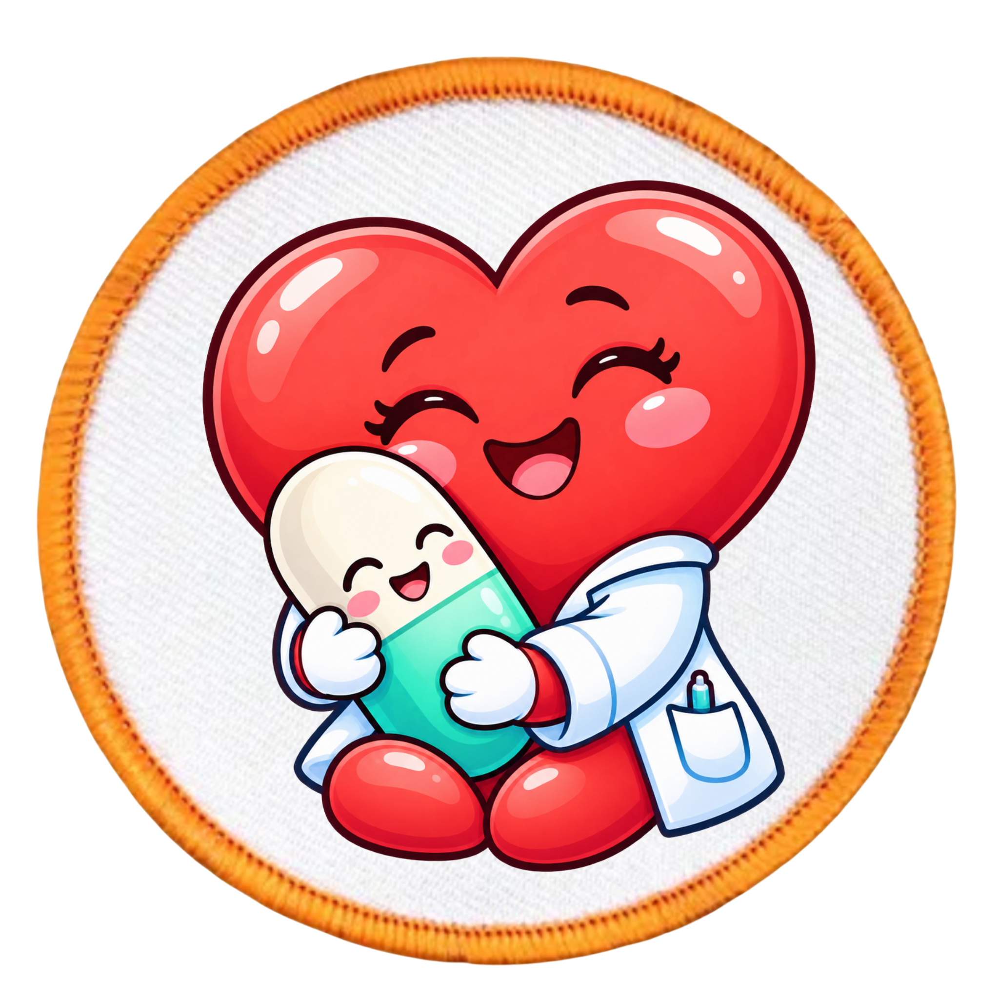 A circular embroidered patch featuring a cute cartoon illustration of a red heart hugging a white and teal pill capsule, with a white border and orange stitched edge.