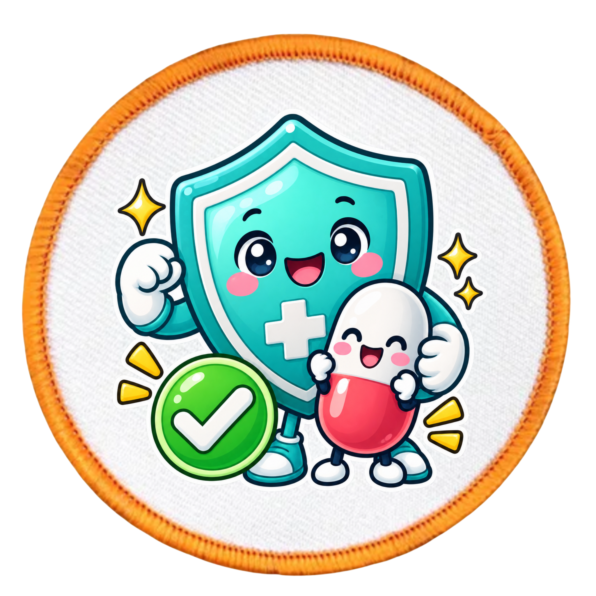 A circular embroidered patch featuring a cute cartoon shield character in teal with a white cross, holding a pink pill and standing next to a green checkmark badge, on a white textured background with an orange stitched border.