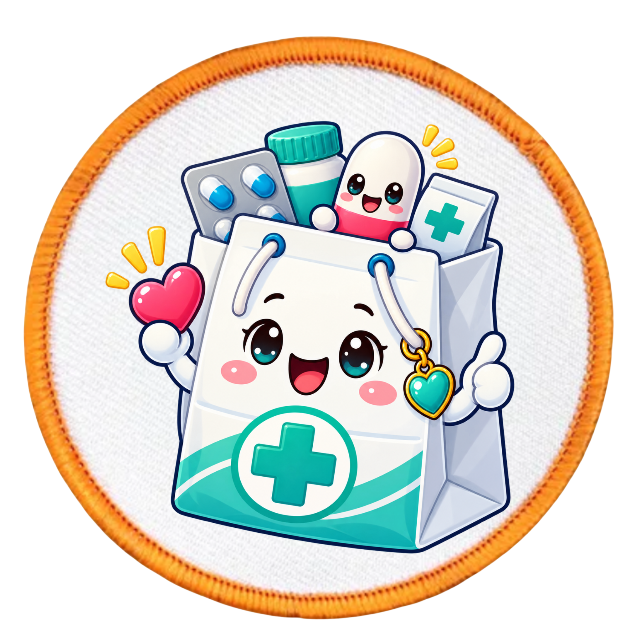 A circular embroidered patch featuring a cute cartoon first-aid bag with medical icons like pills, a thermometer, and bandages peeking out. The patch has a white center, an orange stitched border, and a white fabric background.