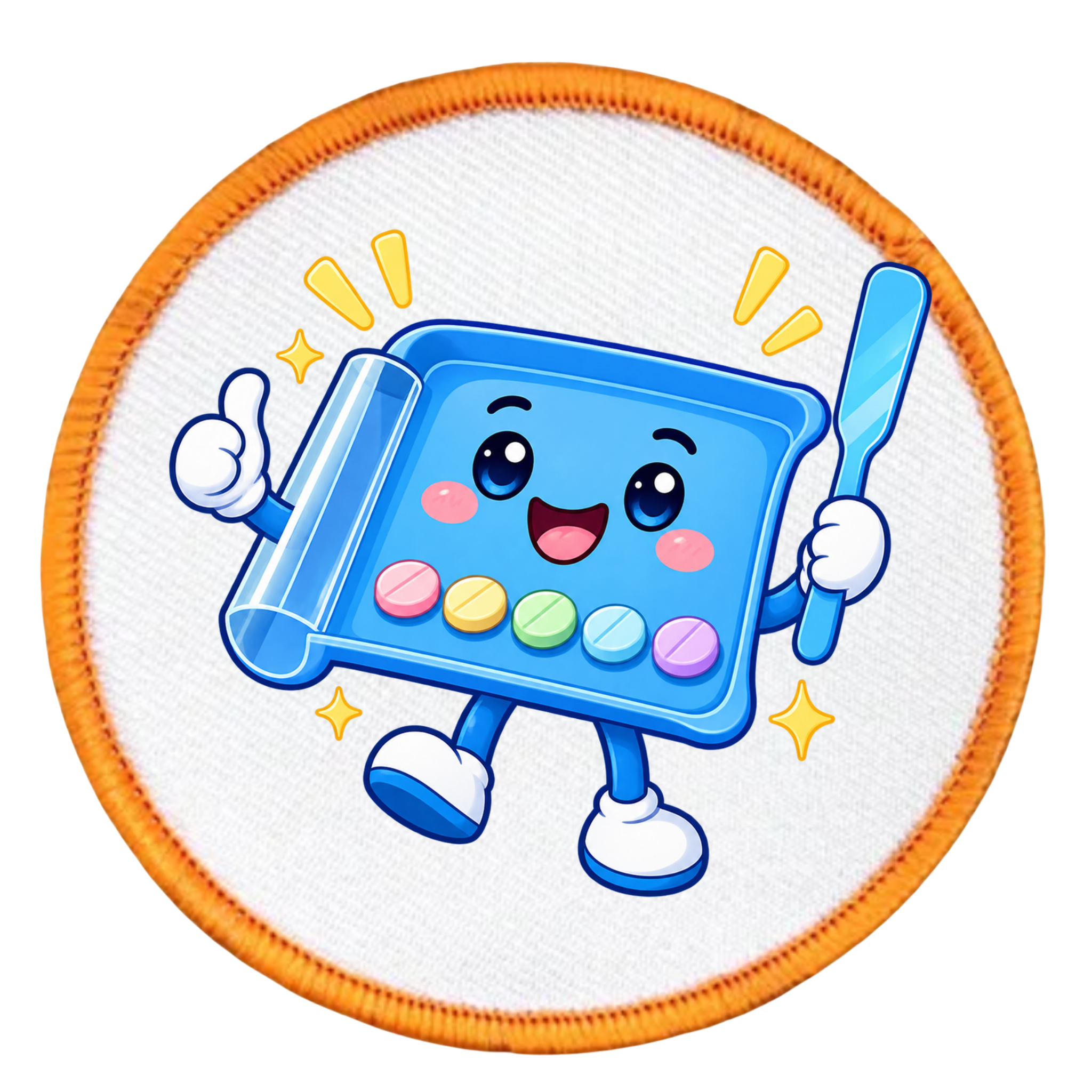 A circular embroidered patch featuring a cute cartoon character made from a blue pill bottle with colorful pills, white gloves, and blue legs, set against a white textured background with an orange stitched border.