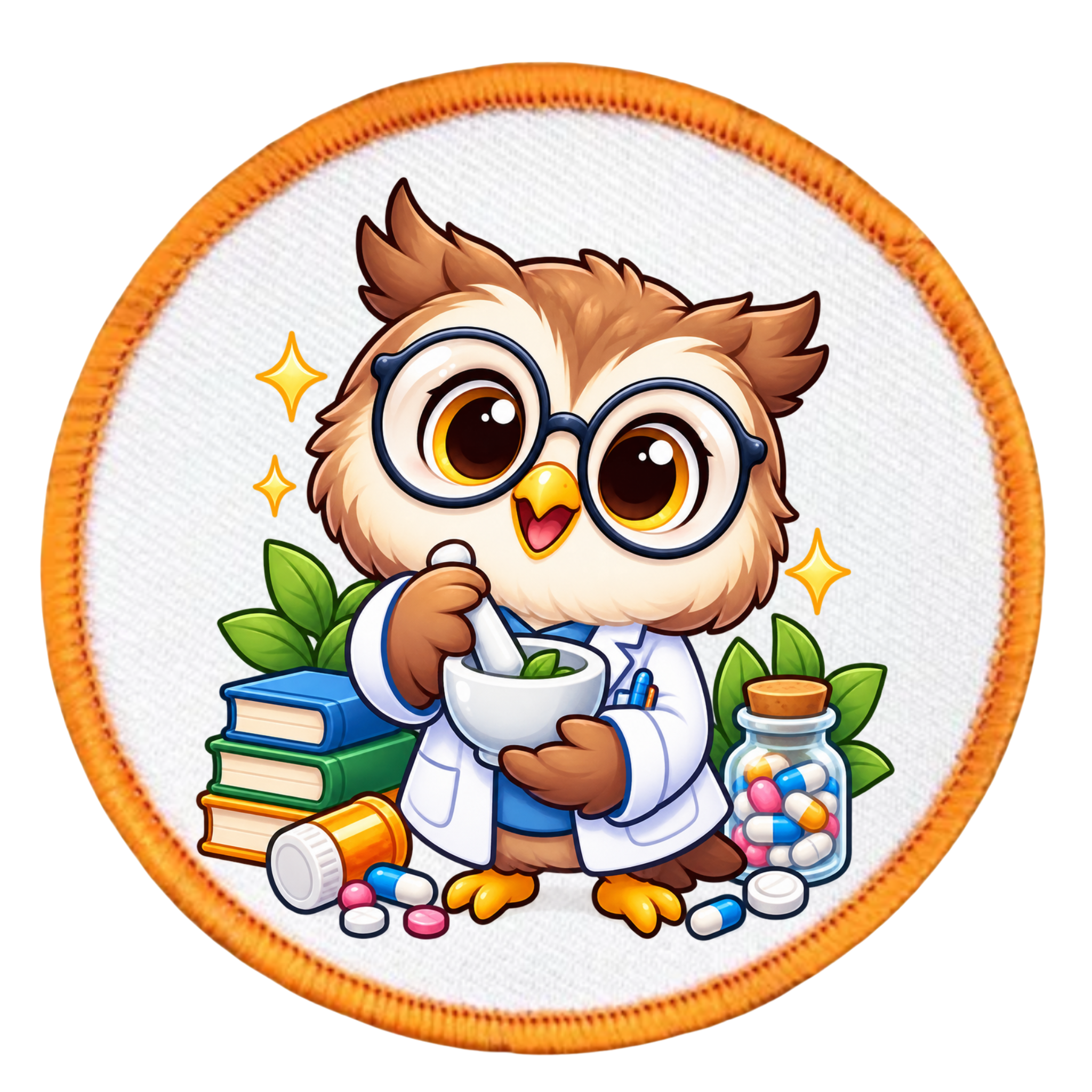 A circular embroidered patch featuring a cute cartoon owl dressed as a doctor, wearing round glasses and a white lab coat while holding a mortar and pestle. The owl is surrounded by books, green leaves, a pill bottle, and a medicine jar, with colorful pills scattered on a white background.