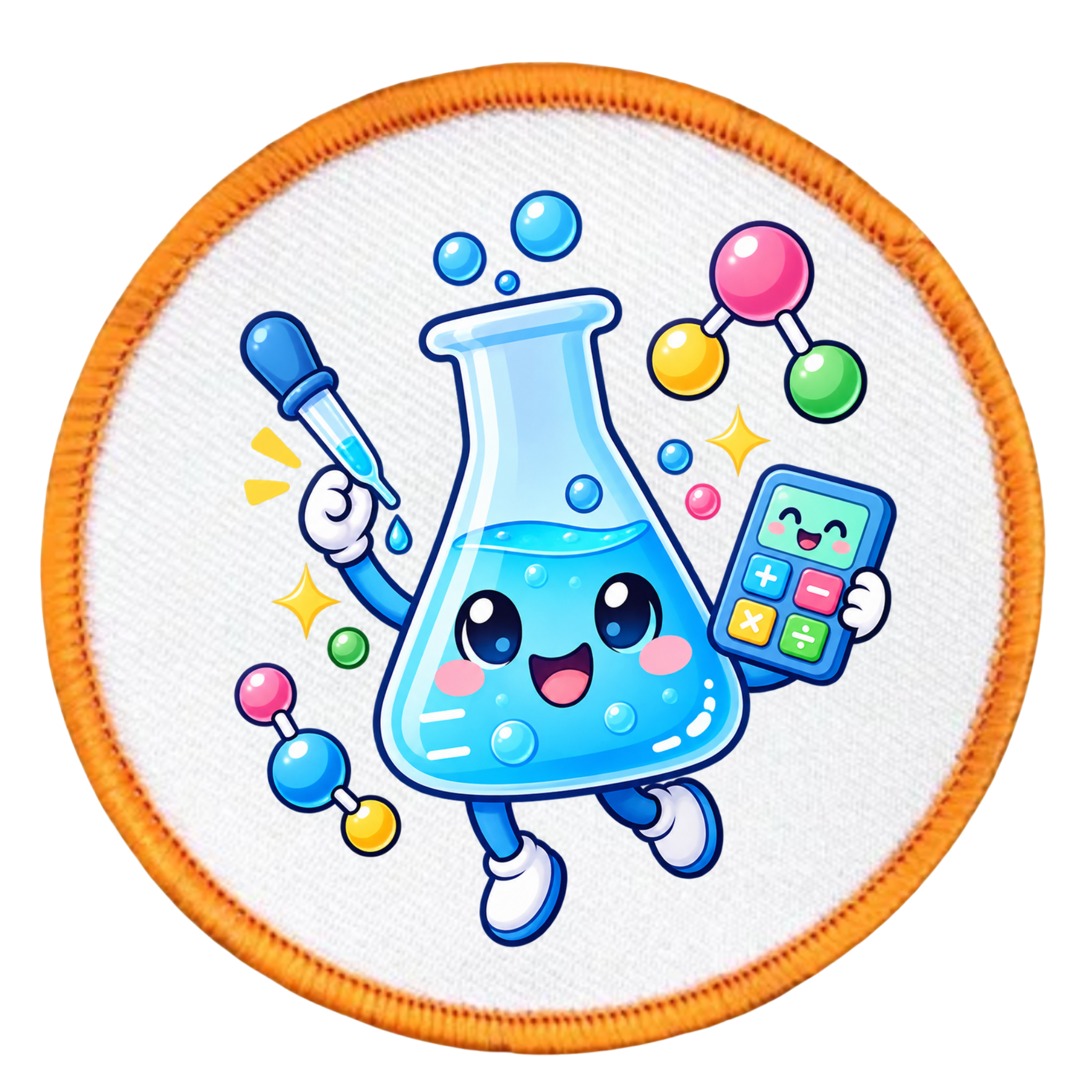 A circular embroidered patch featuring a cute cartoon science theme. The design shows a smiling blue beaker holding a pipette and a calculator, surrounded by colorful molecular models and sparkles on a white textured background, finished with an orange stitched border.