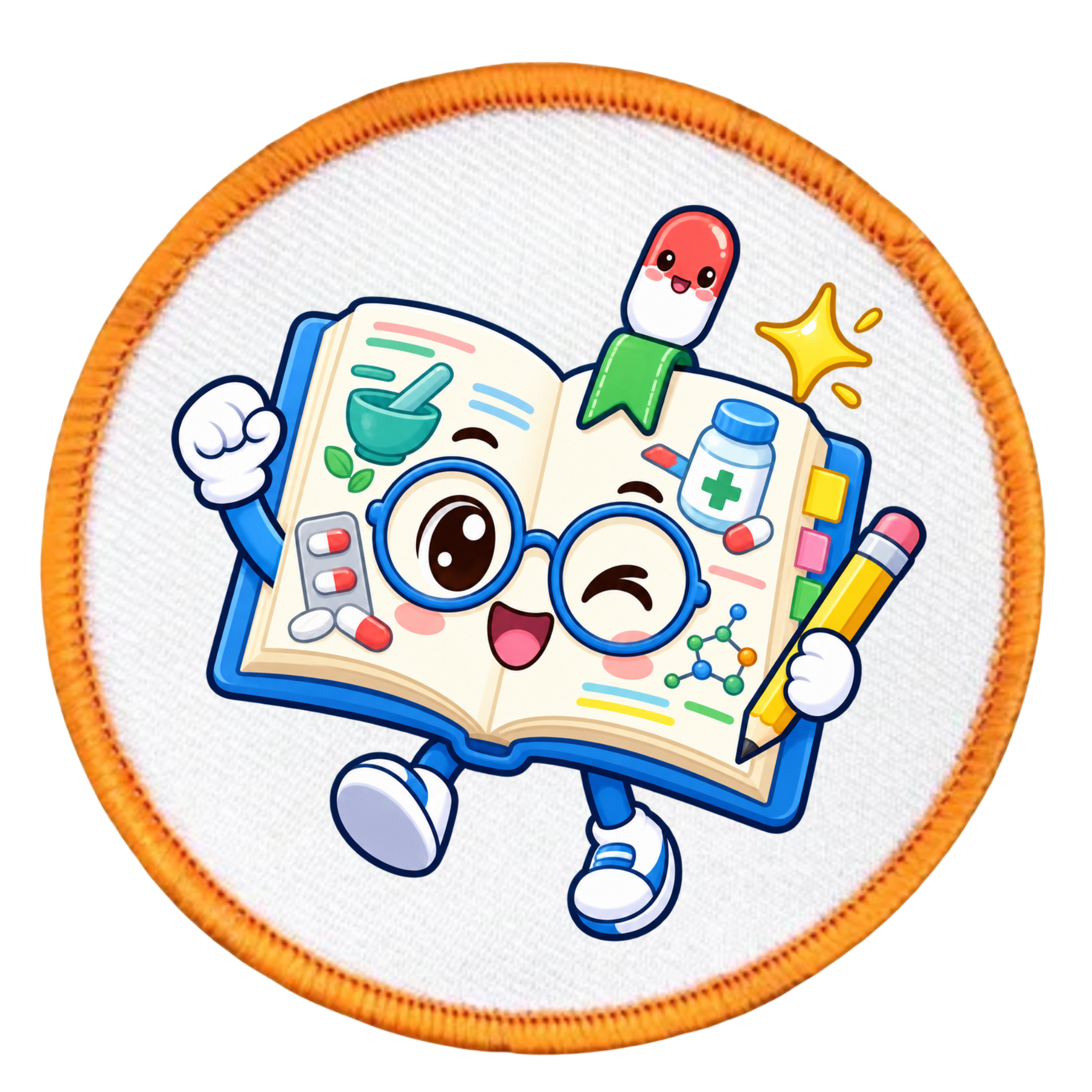 A circular embroidered patch featuring a cartoon open book character with glasses, a green ribbon bookmark, colorful pills, a star, and a pencil on a white background with an orange stitched border.