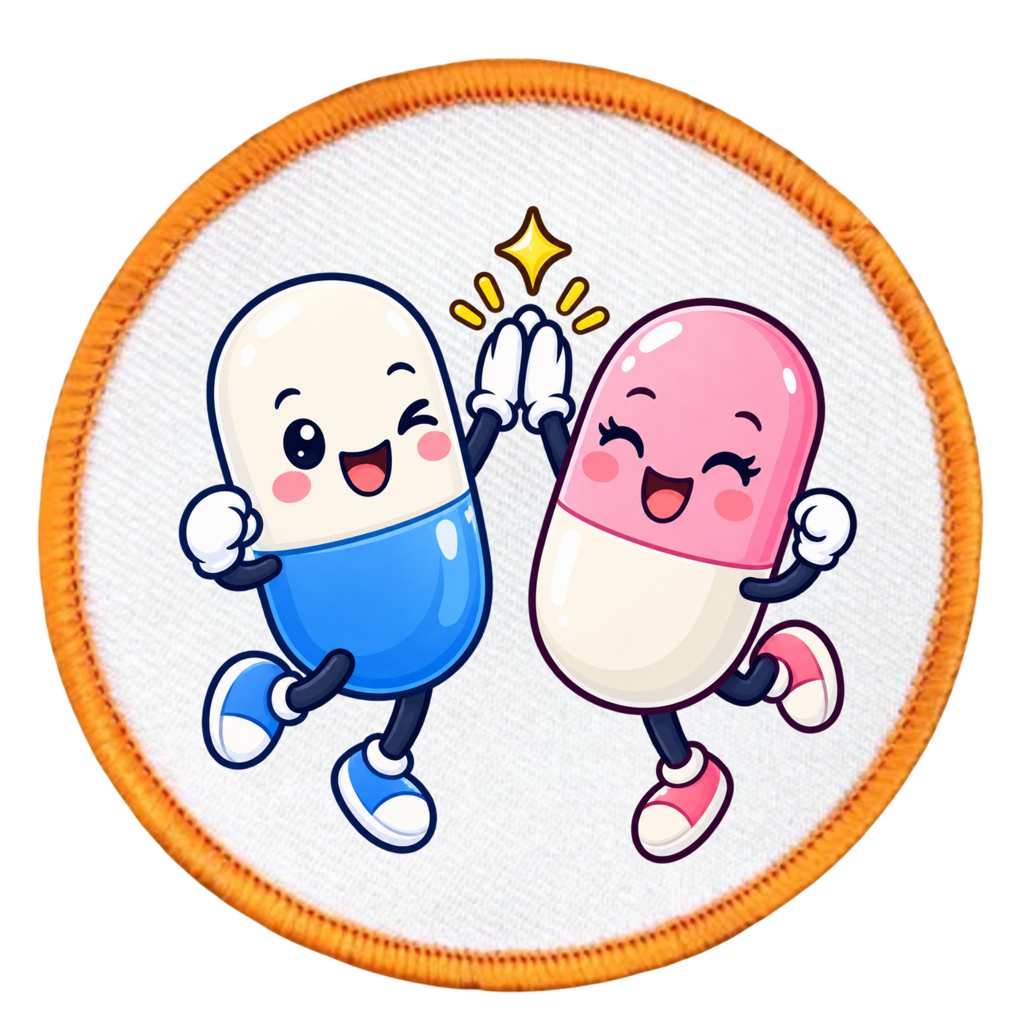 A circular embroidered patch featuring two dancing cartoon capsules, one blue and one pink, jumping together under a small yellow star on a white background with an orange stitched border.