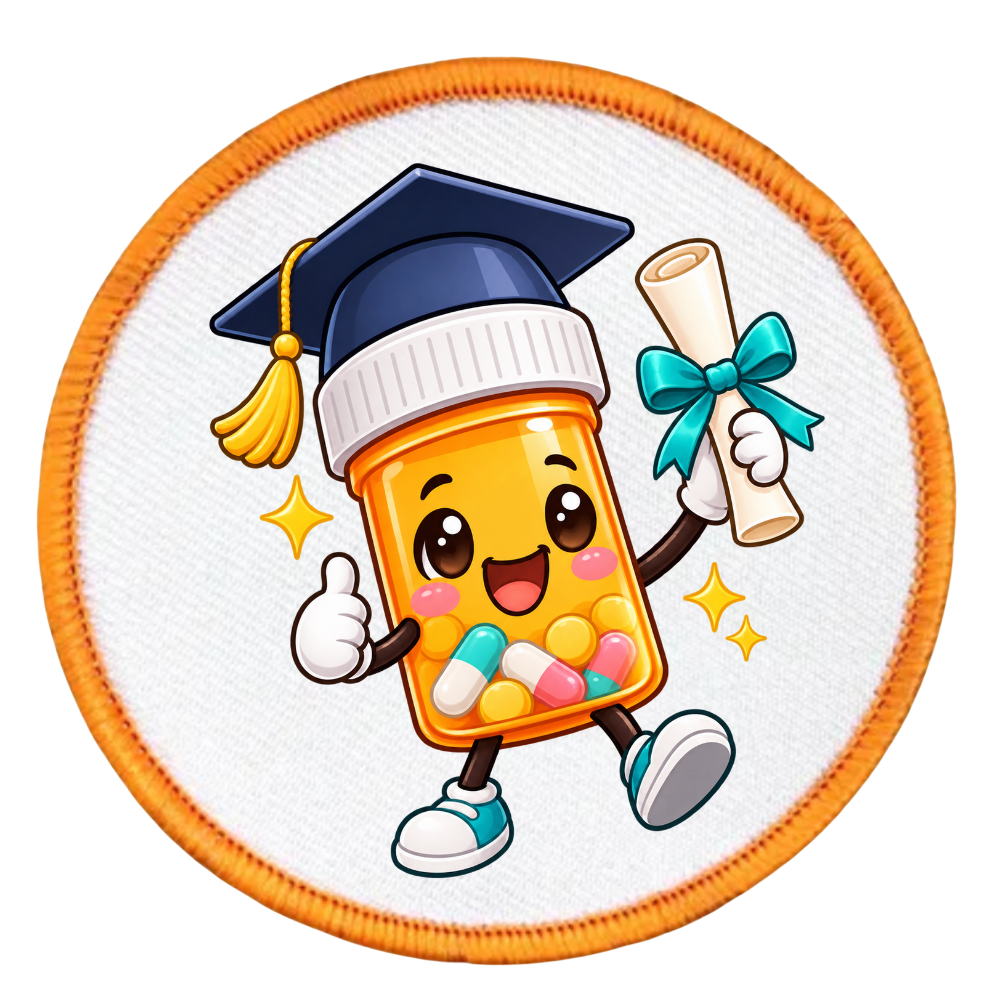 A circular embroidered patch featuring a cute cartoon pill bottle character wearing a graduation cap and holding a diploma, with colorful capsules inside, on a white background with an orange border.