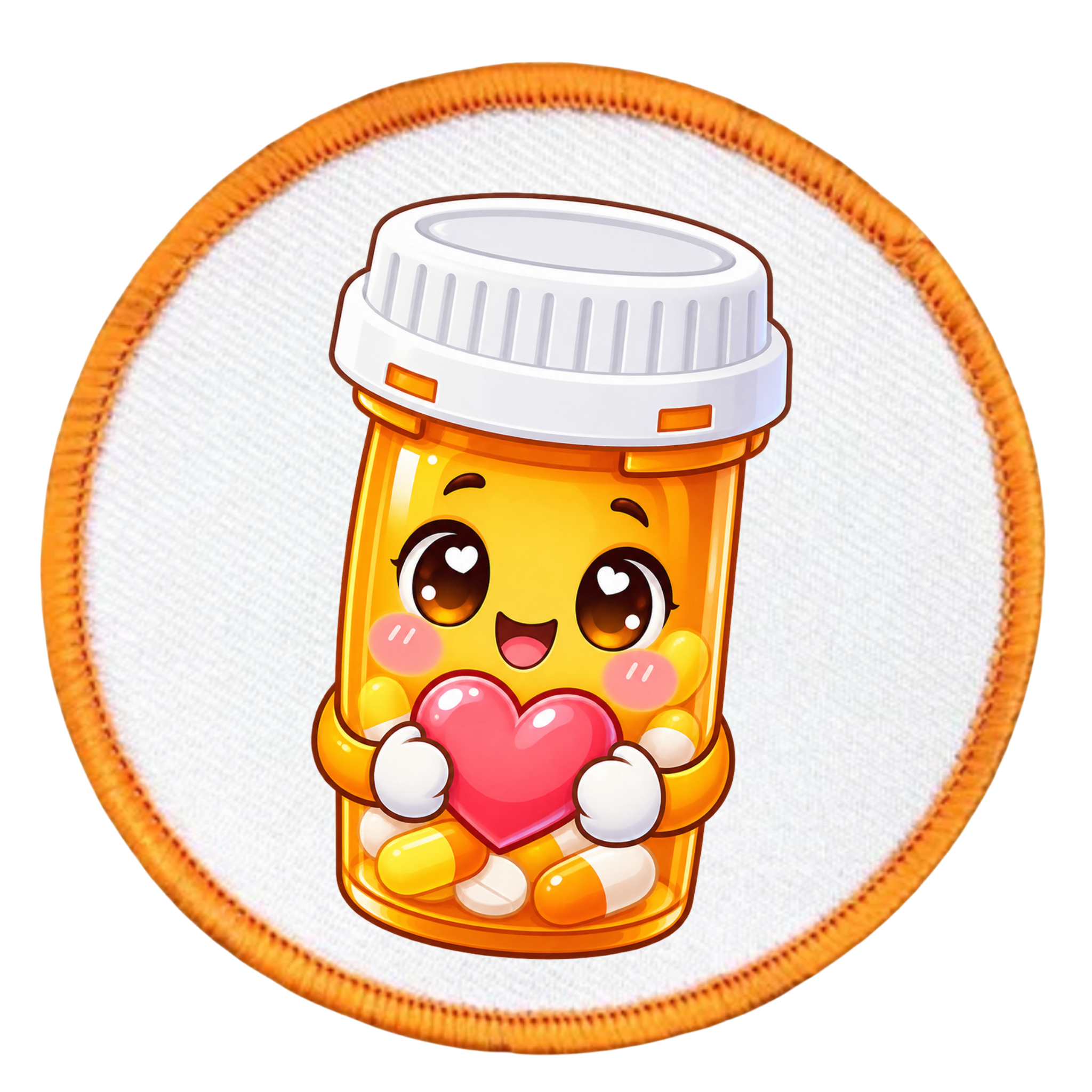 A circular embroidered patch featuring a cute cartoon pill bottle character with a white cap, yellow body, pink heart, and orange border on a white background.