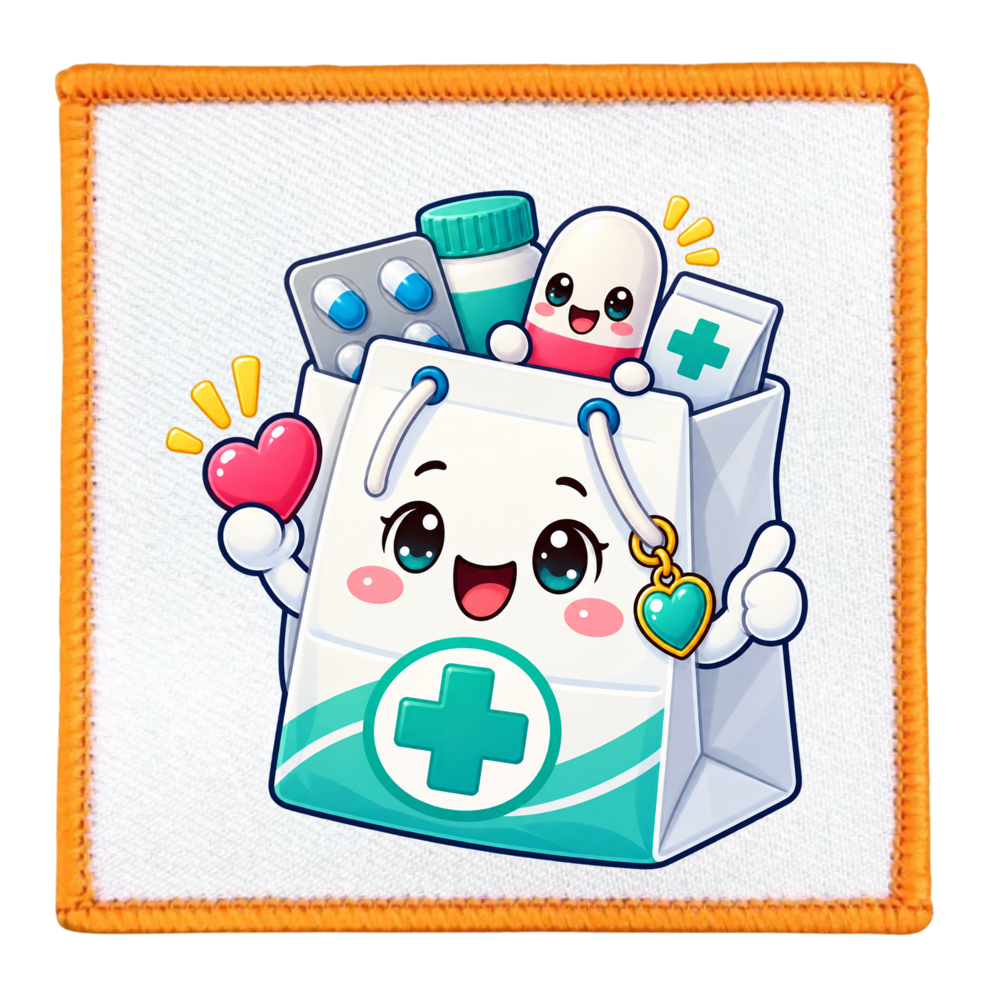 A square white patch with an orange stitched border, featuring a cute cartoon illustration of a smiling white medical supply bag filled with pills, a heart, and a heart-shaped tag.