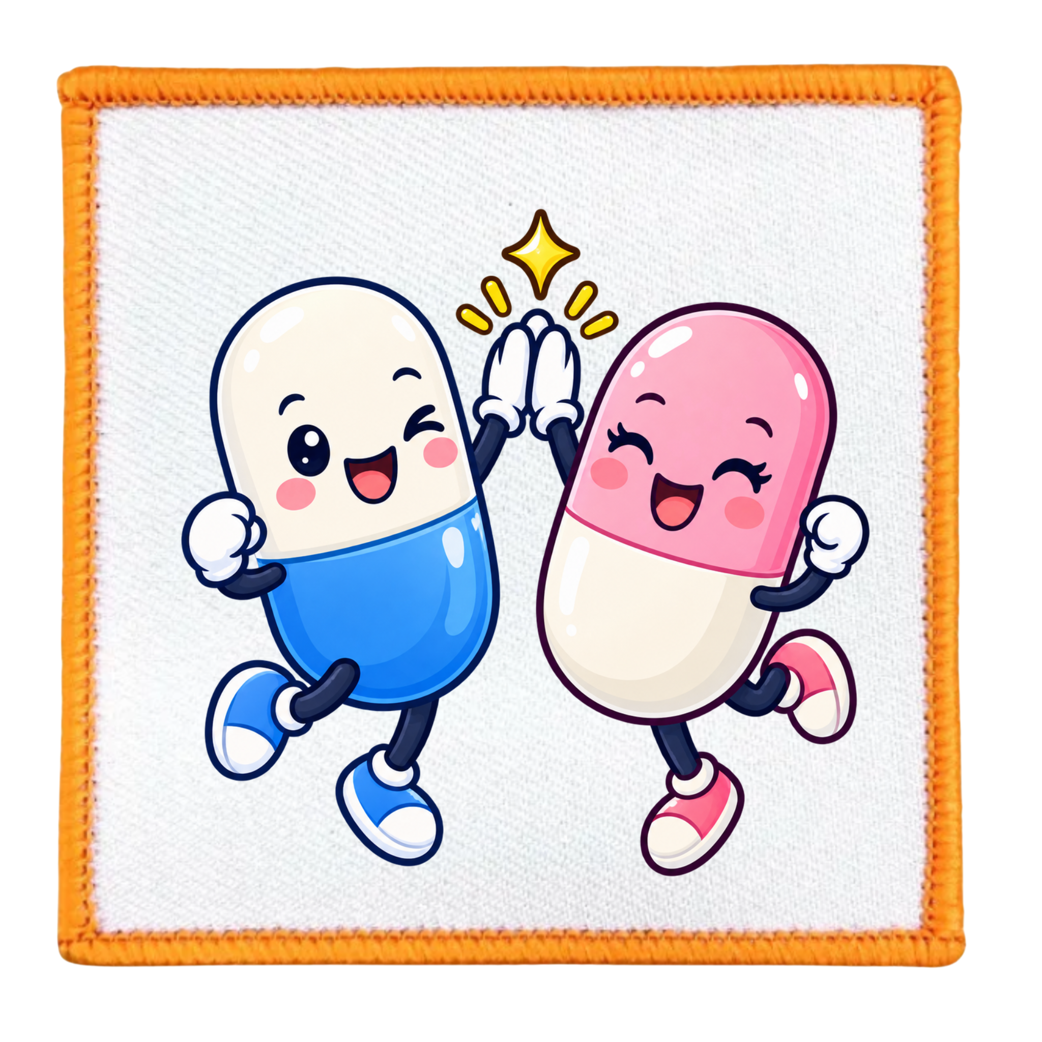 A square embroidered patch featuring two cartoon capsules dancing and high-fiving. One capsule is white and blue, and the other is pink and white, with a yellow starburst between them.