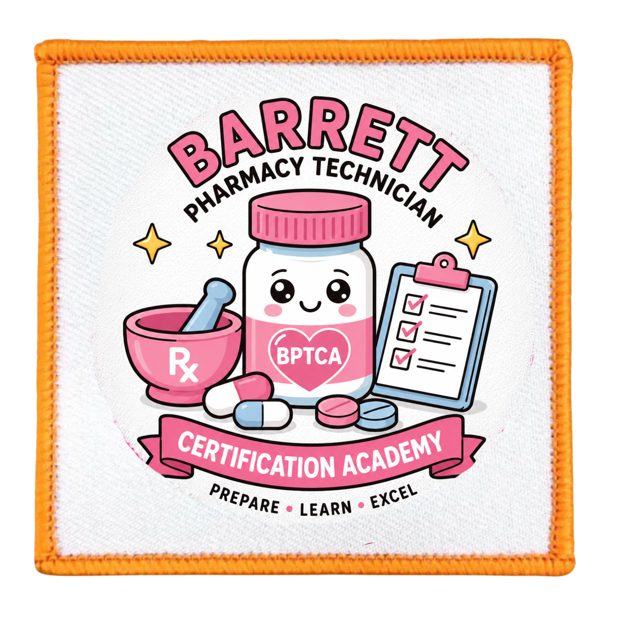 Cute Barrett Pharmacy Technician Certification Academy pharmacy technician heat transfer patch with prescription bottle, pills, mortar and pestle, and clipboard design.