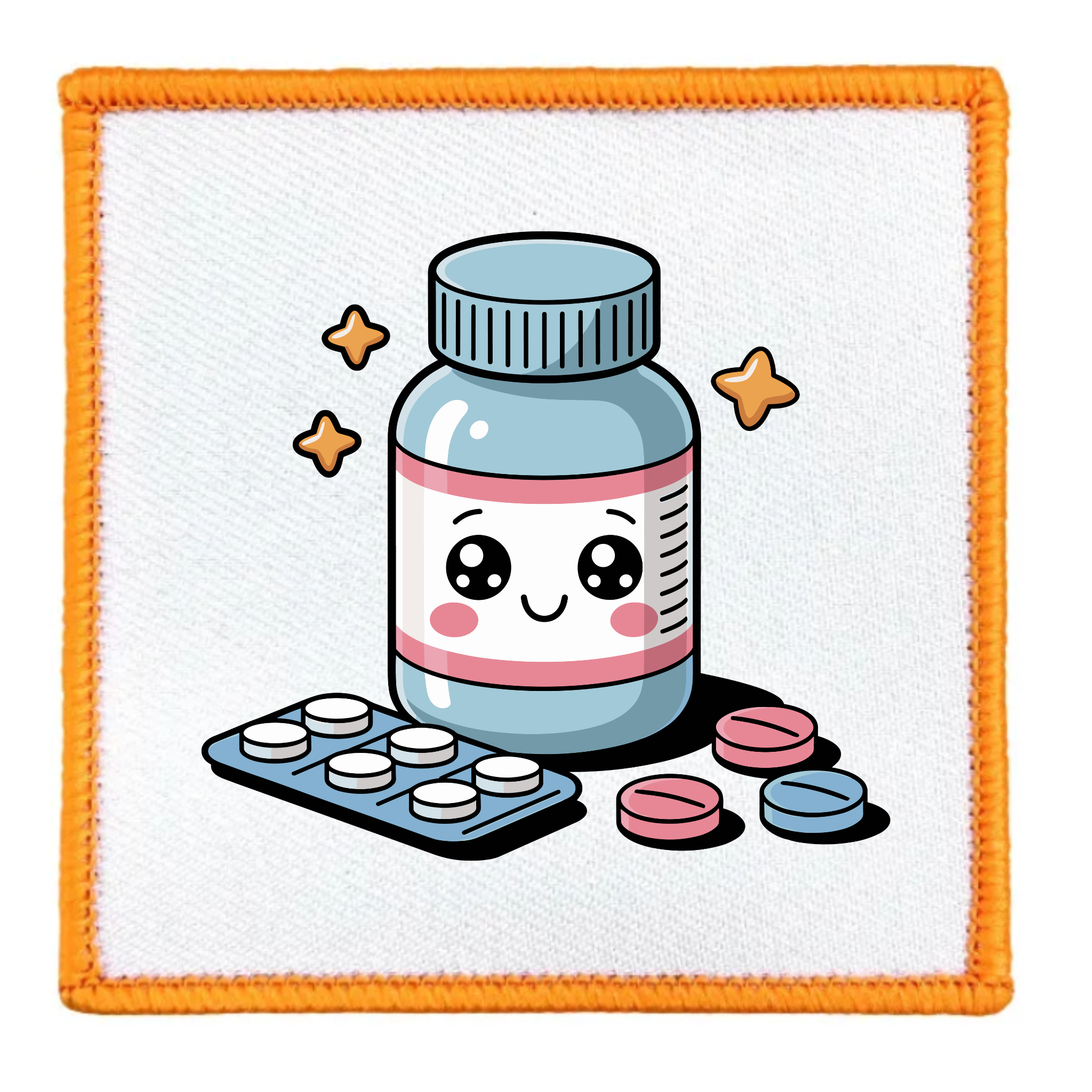 Patch with a cartoon pill bottle and tablets on a white background with orange border
