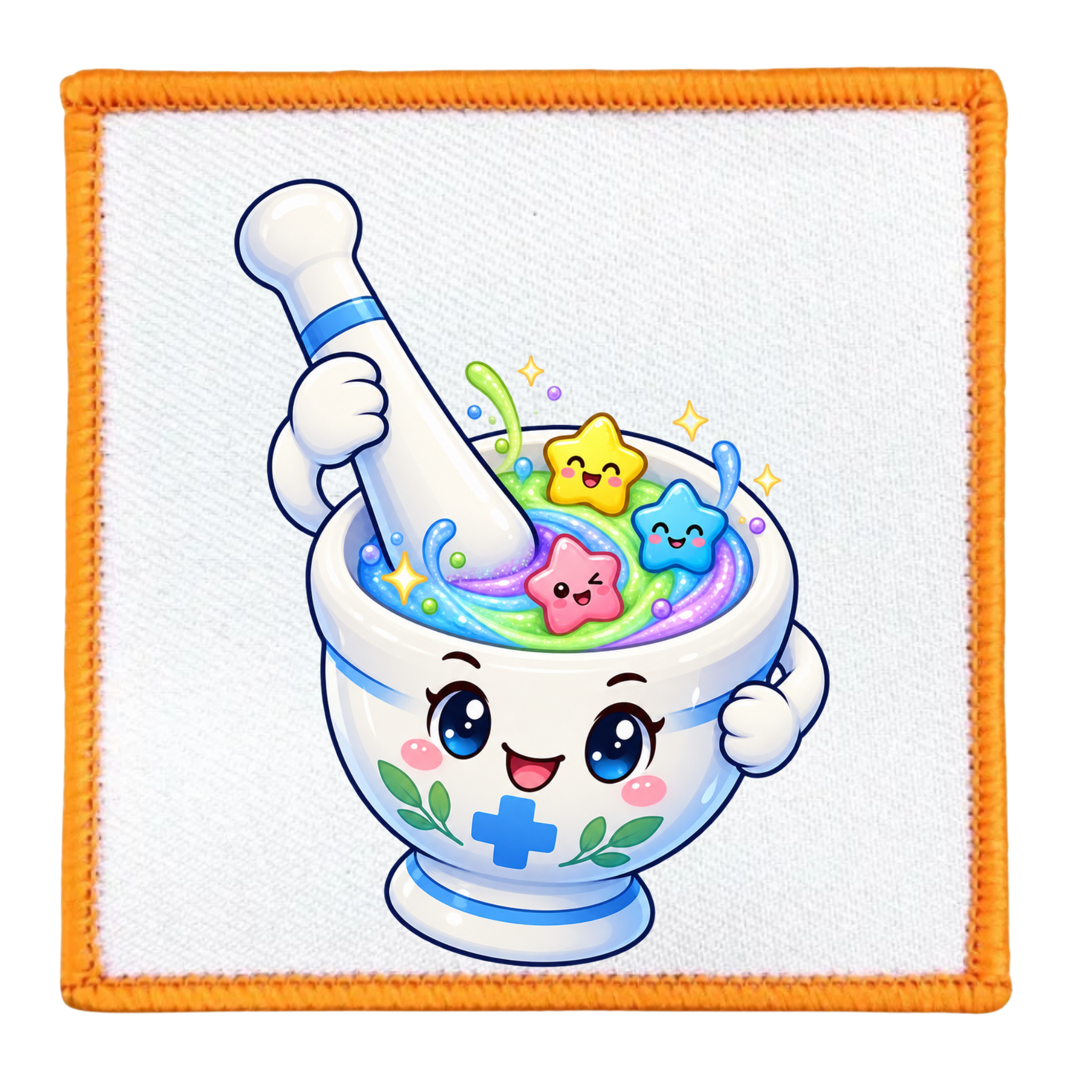 A square white patch with a stitched orange border, featuring a cute cartoon illustration of a smiling mortar and pestle filled with colorful star-shaped candies and pastel swirls.