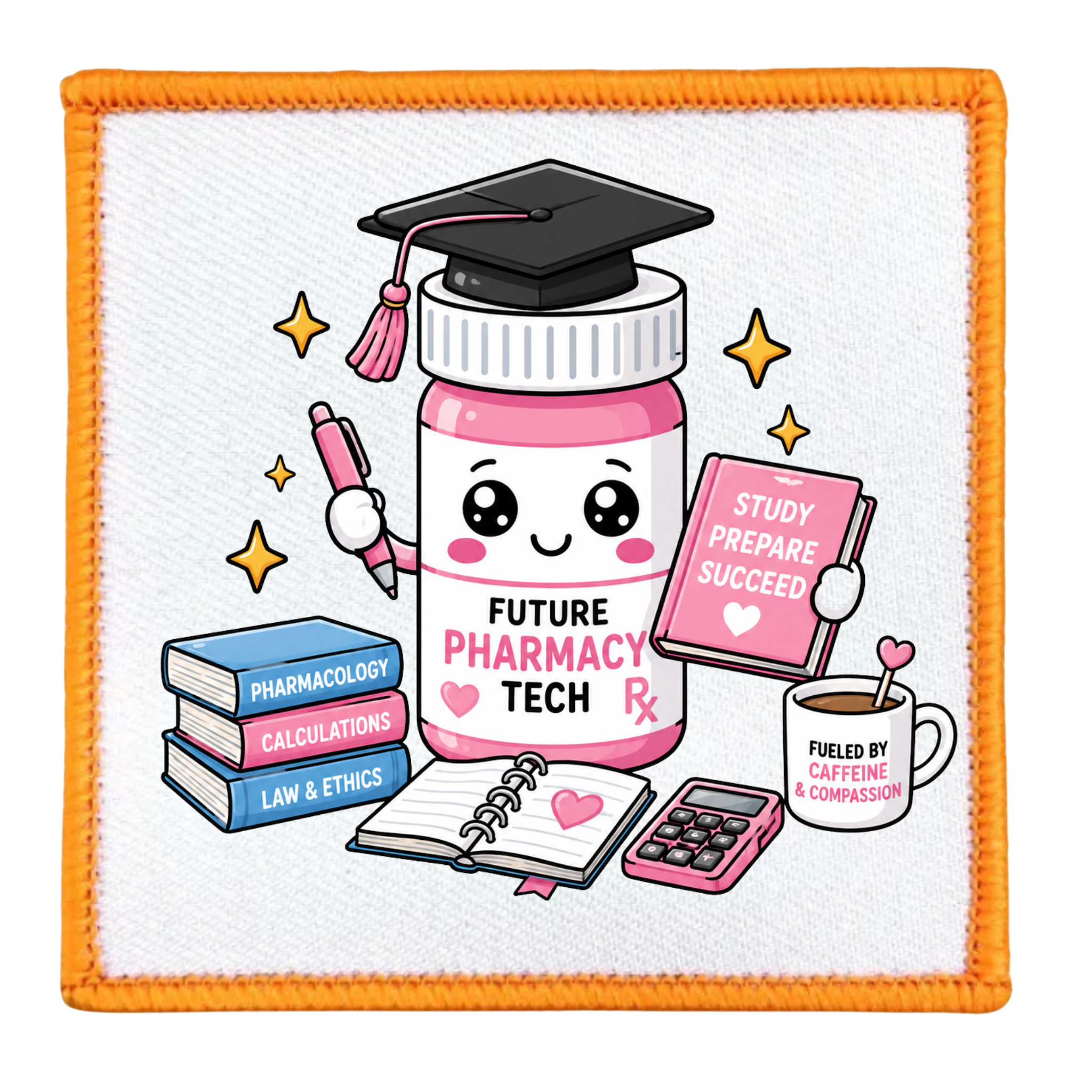 Patch with a cartoon pharmacy tech design featuring a bottle, books, and graduation cap on an orange border.