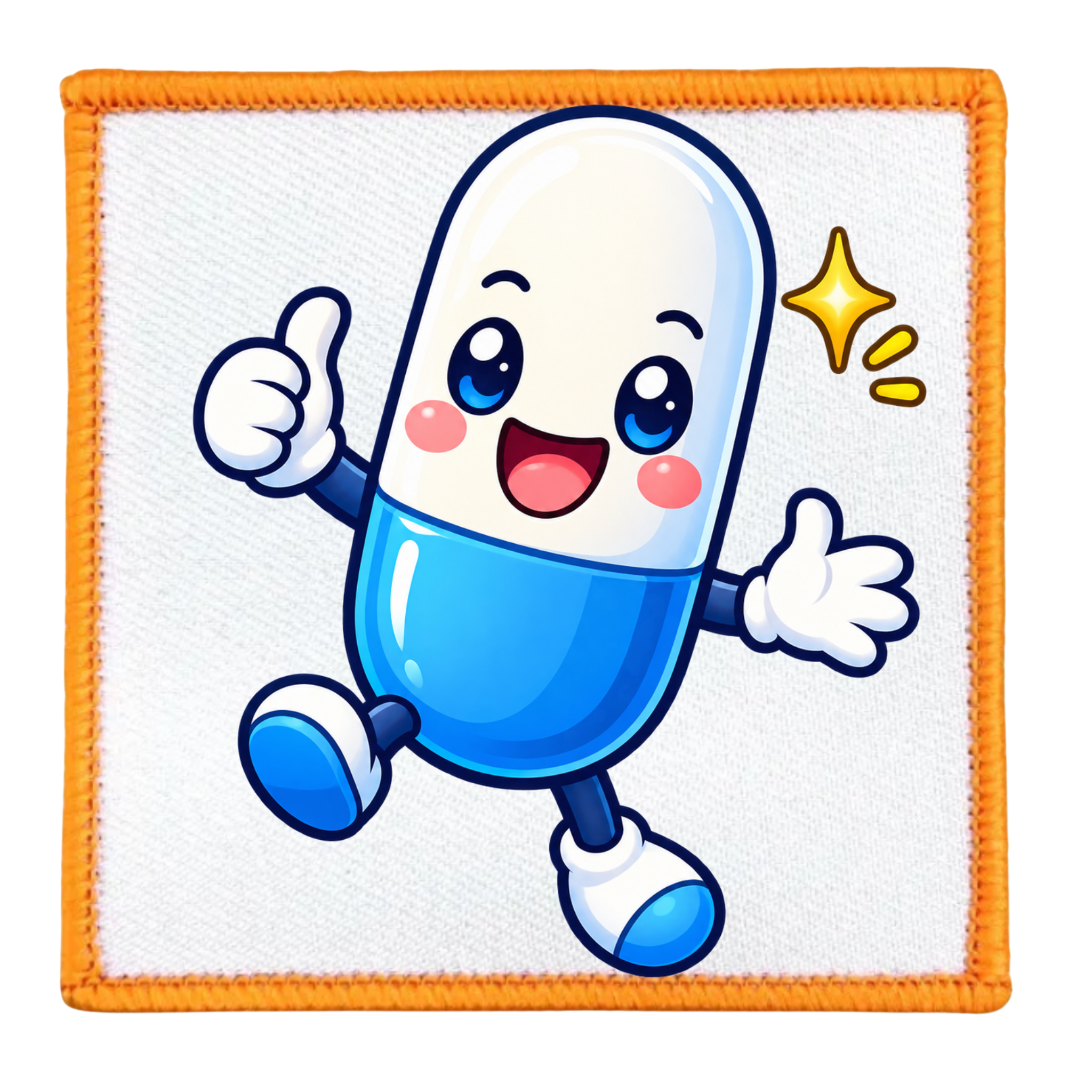 A square embroidered patch featuring a cute, cartoon-style blue and white capsule character with arms, legs, and a yellow sparkle, all on a white textured background with an orange stitched border.