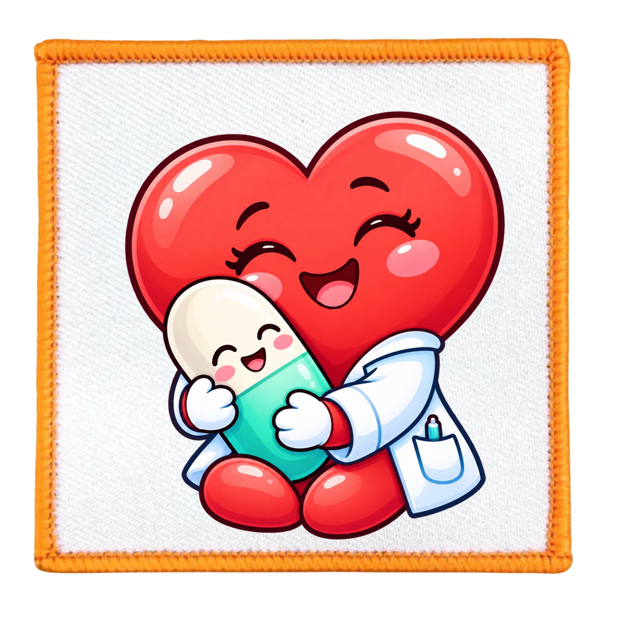 A square embroidered patch featuring a cute cartoon heart and pill character hugging. The heart is bright red with closed smiling eyes, the pill is split into a white top and teal bottom, and the heart wears a white coat.