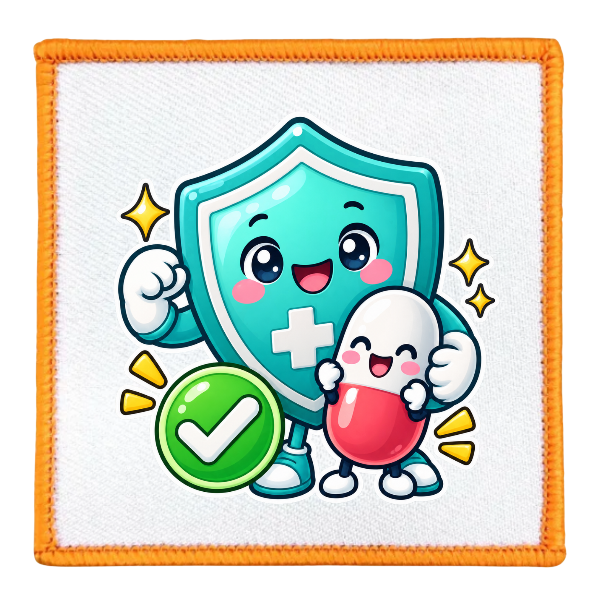 A square white patch with an orange stitched border, featuring a cute cartoon illustration of a teal shield character with a white cross, hugging a white character holding a red pill, with a green check icon and yellow sparkles on a white background.