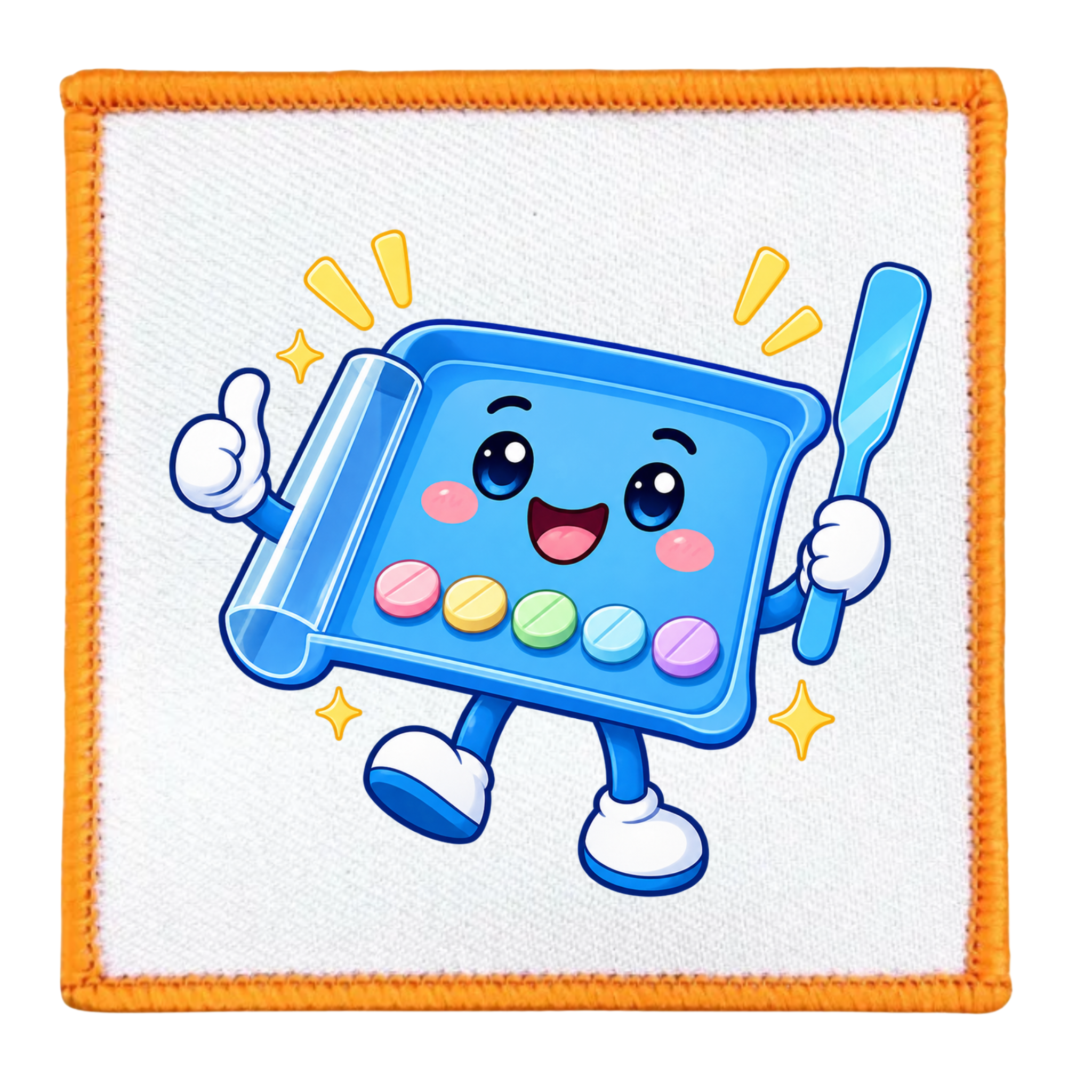 A square white fabric patch with an orange stitched border, featuring a cartoon blue tray character with colorful round buttons, a smiling face, and a blue spatula, on a plain white background.