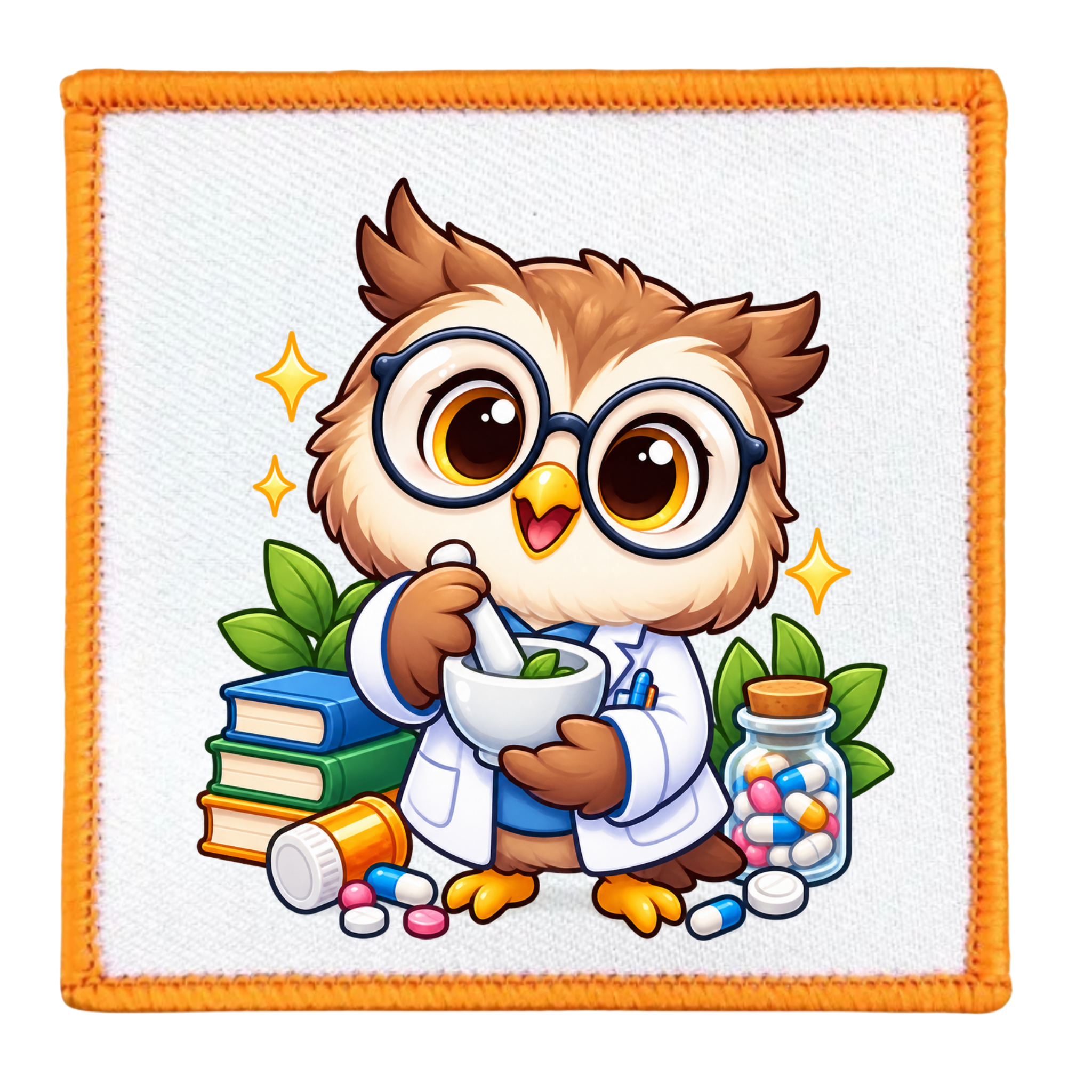 A square embroidered patch featuring a cute cartoon owl dressed as a pharmacist, wearing round glasses and a white lab coat while holding a mortar and pestle. The owl is surrounded by books, leaves, a pill bottle, and a jar of colorful medicine, all on a white textured background with an orange stitched border.