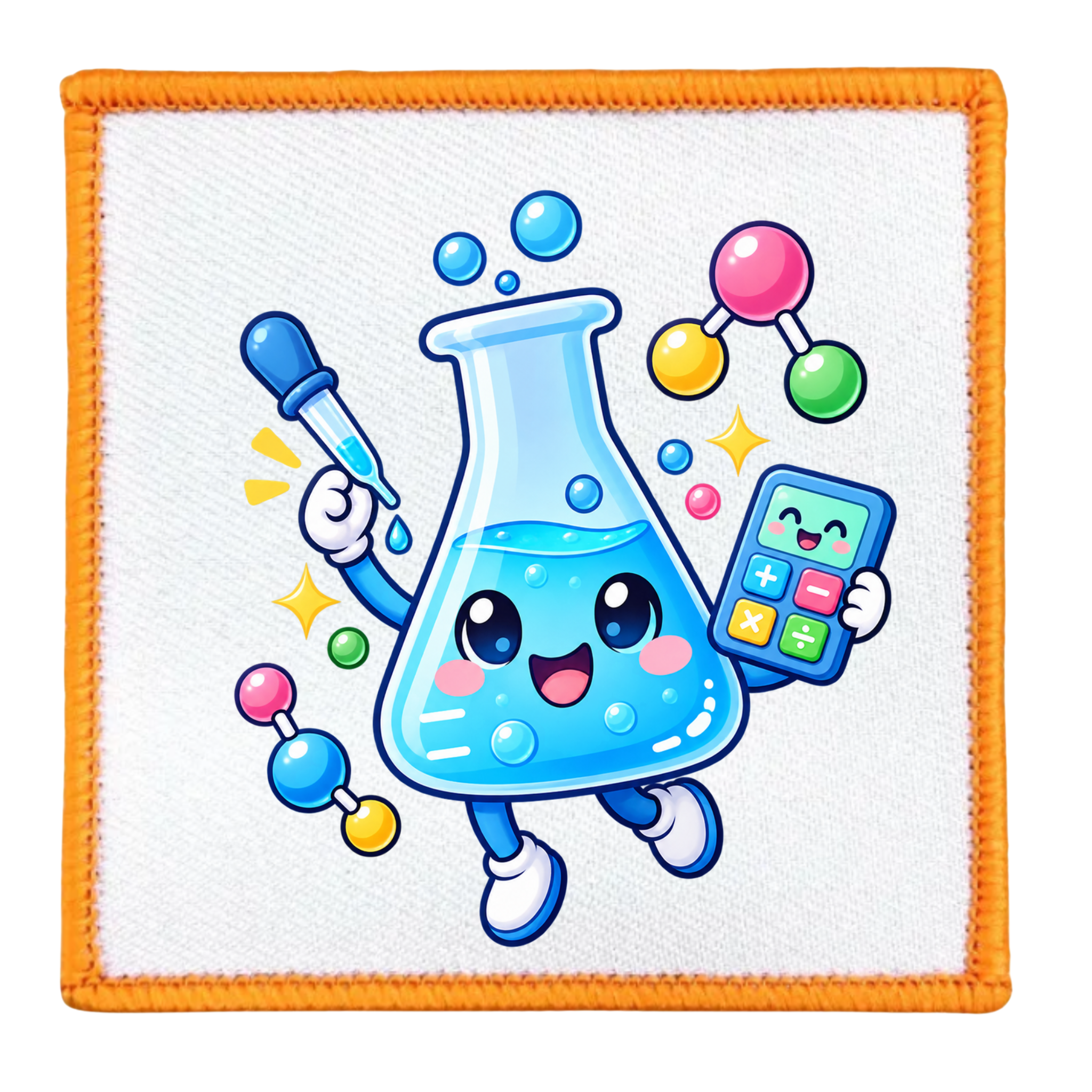 A square white fabric patch with an orange stitched border, featuring a colorful cartoon graphic of a happy blue beaker character holding a dropper and a calculator.
