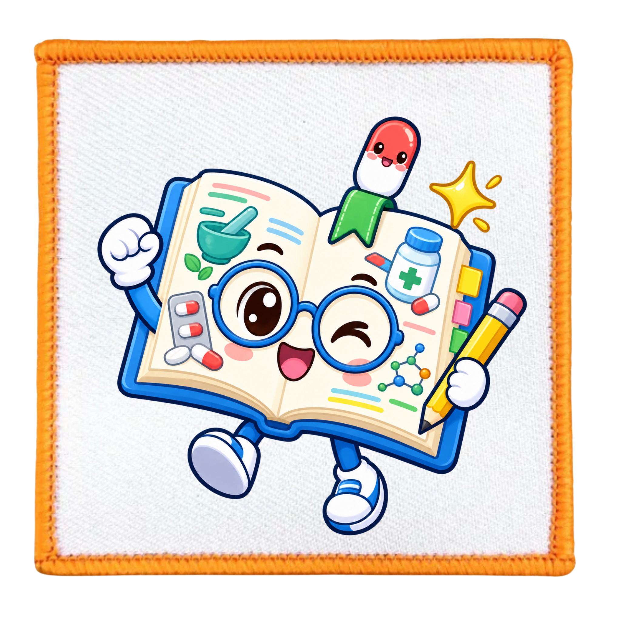 A square embroidered patch featuring a cartoon open book character with glasses, a green ribbon bookmark, pills, a star, and a pencil, bordered by orange stitching on a white background.
