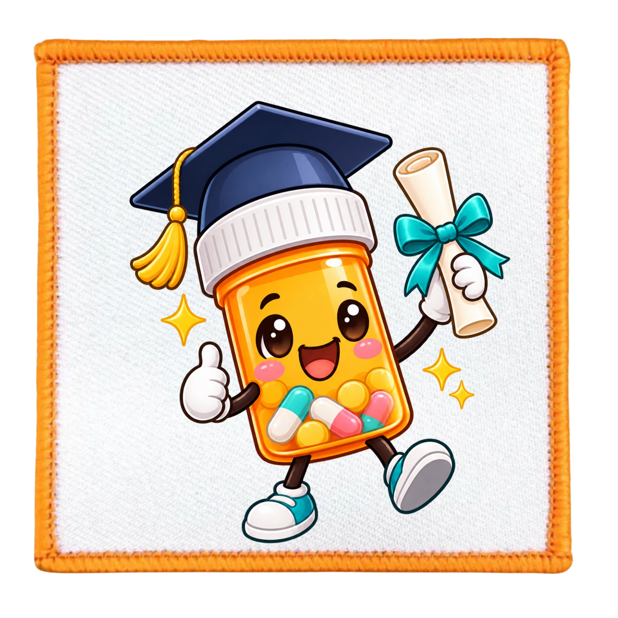 A square white patch or fabric square with an orange stitched border, featuring a cartoon graduation pill bottle character wearing a navy and white cap with a yellow tassel, holding a rolled diploma tied with a teal ribbon, on a white background.