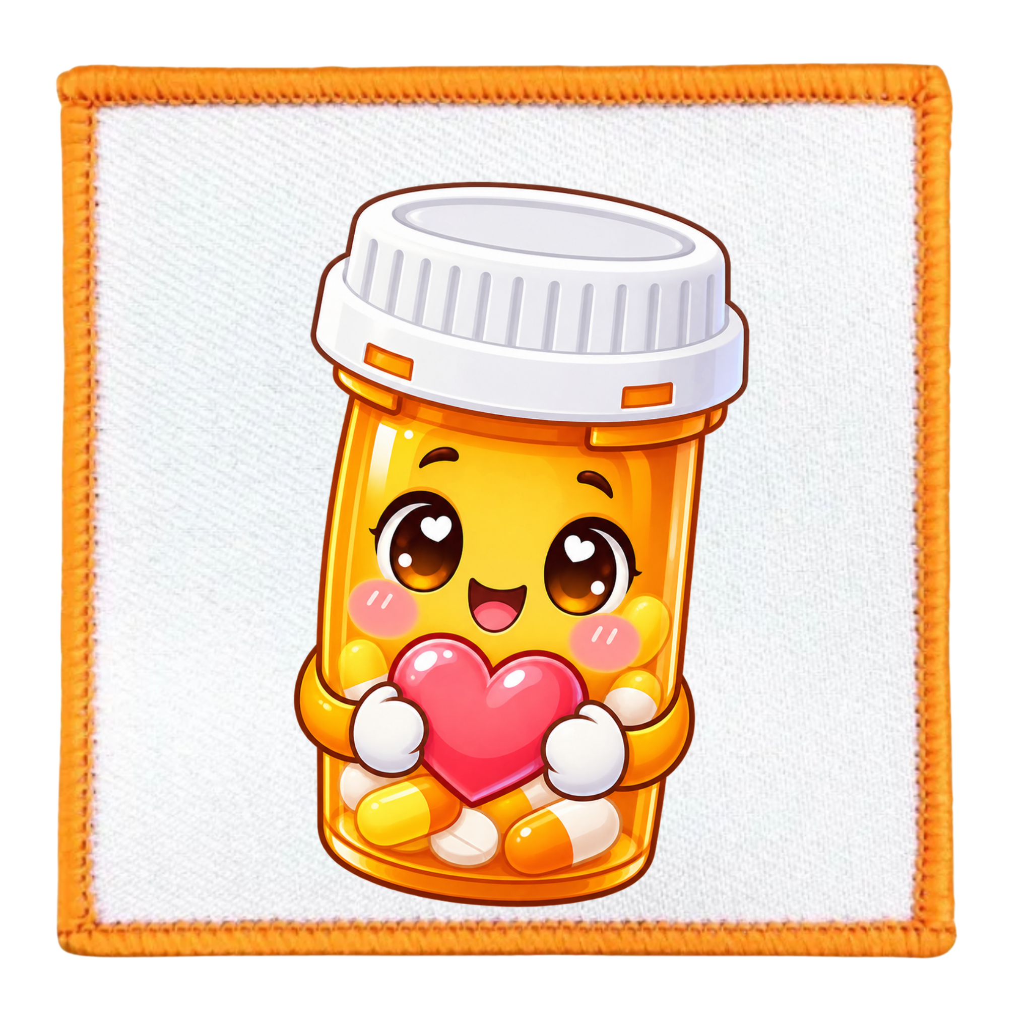 A square white patch with an orange stitched border featuring a cute cartoon pill bottle character holding a pink heart.
