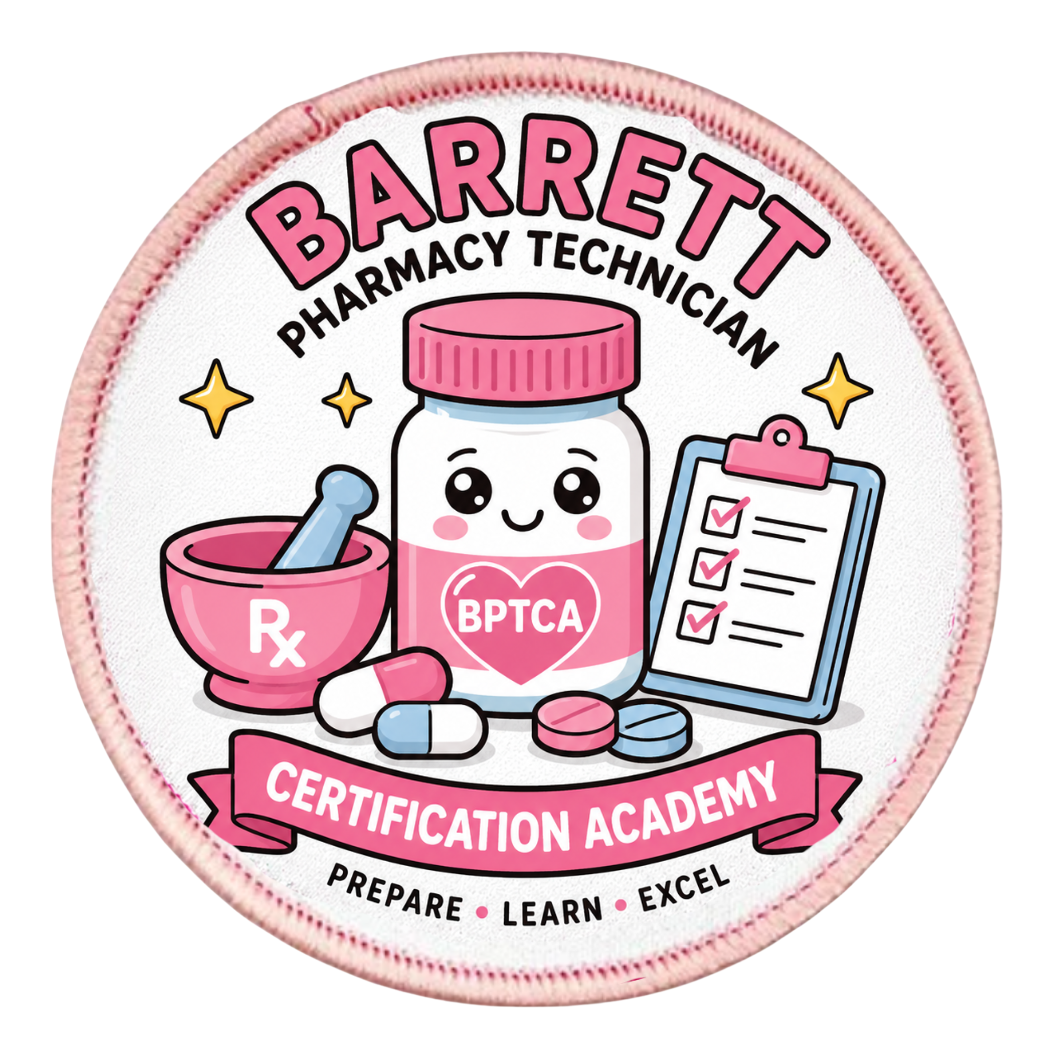 Circular patch with cartoon pharmacy-themed design and text about Barrett Pharmacy Technician Certification Academy.