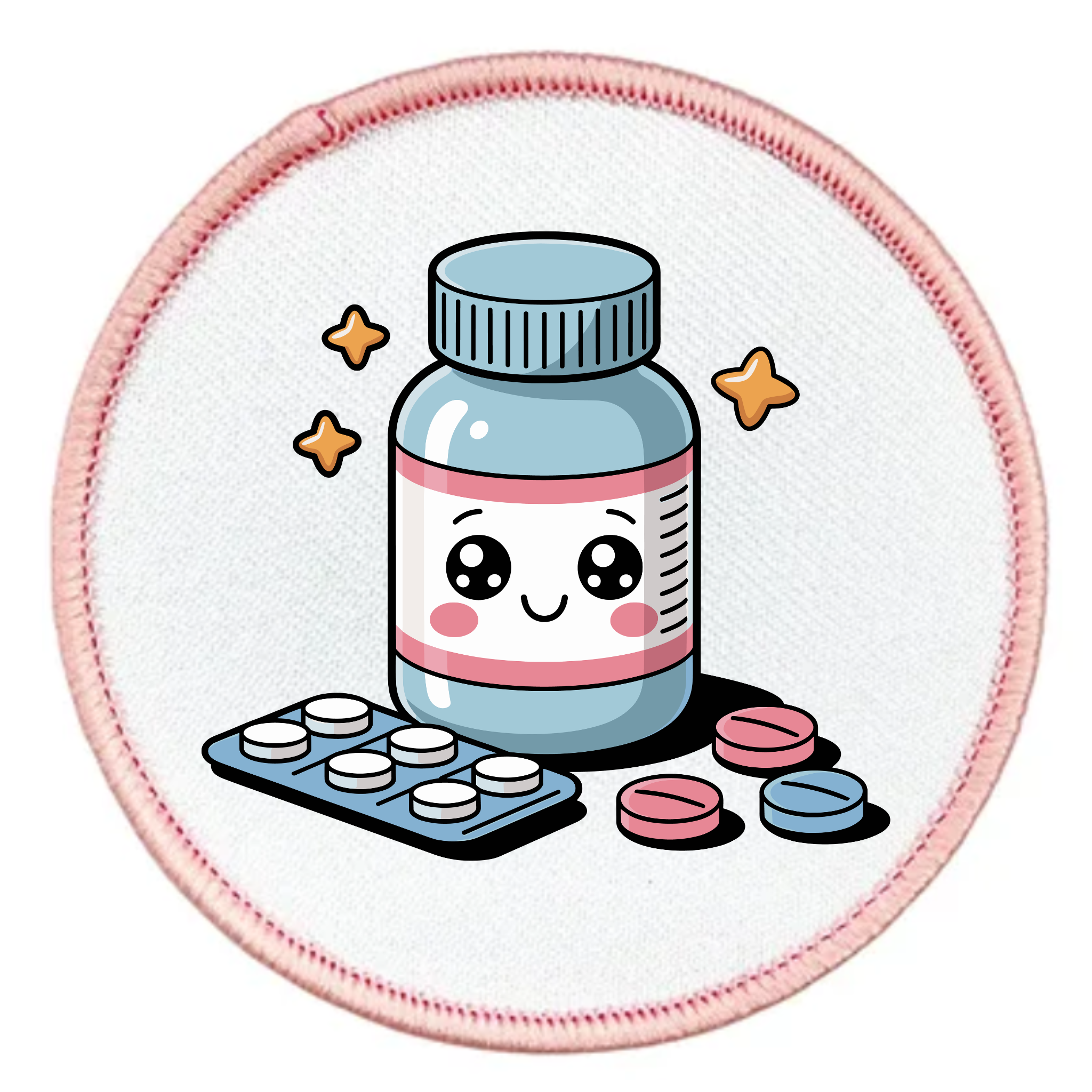 Cute cartoon-style pill bottle with a face on a white background