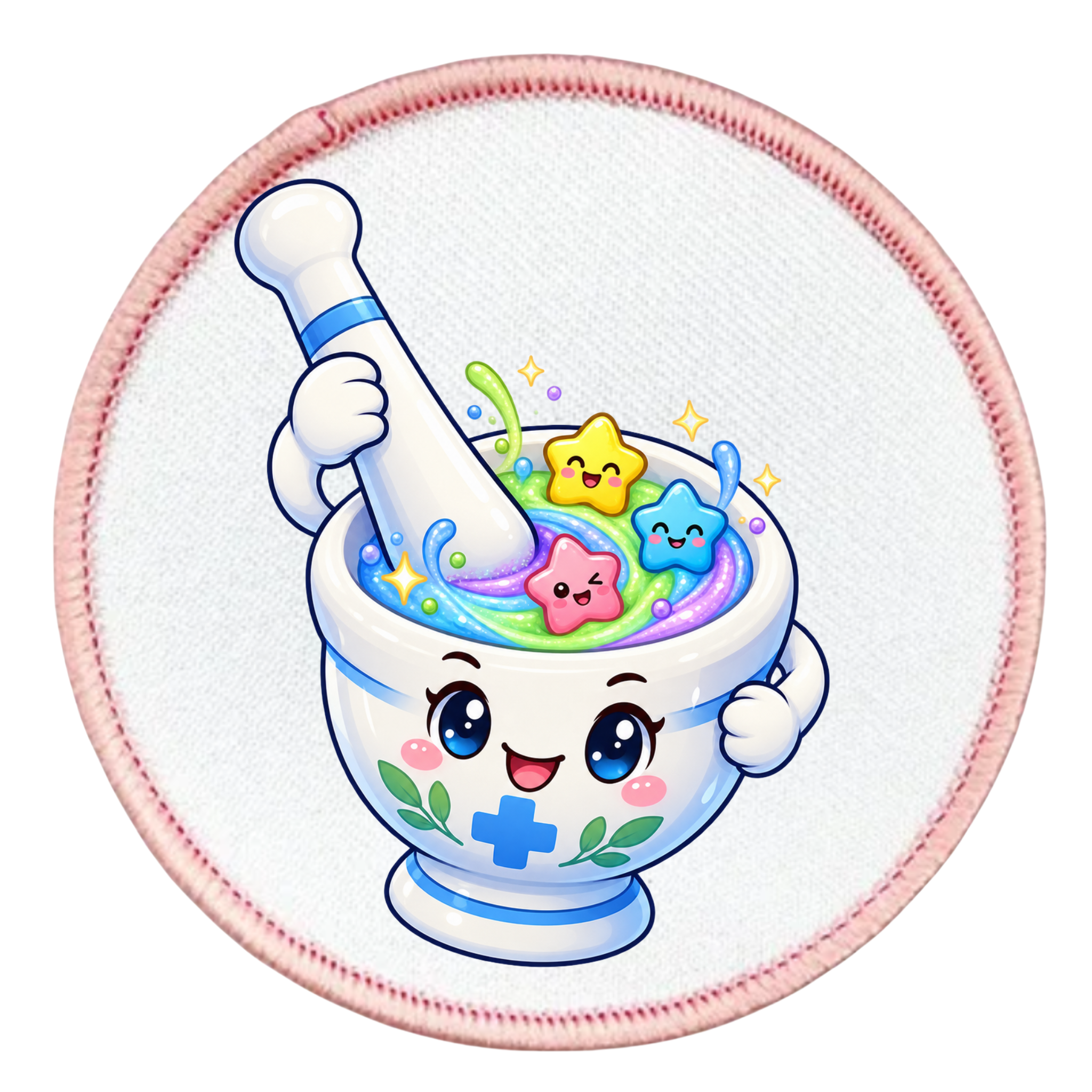 A round embroidered patch featuring a cute, smiling white mortar and pestle filled with colorful pastel slime and star-shaped characters, bordered by a pink stitched edge on a white background.