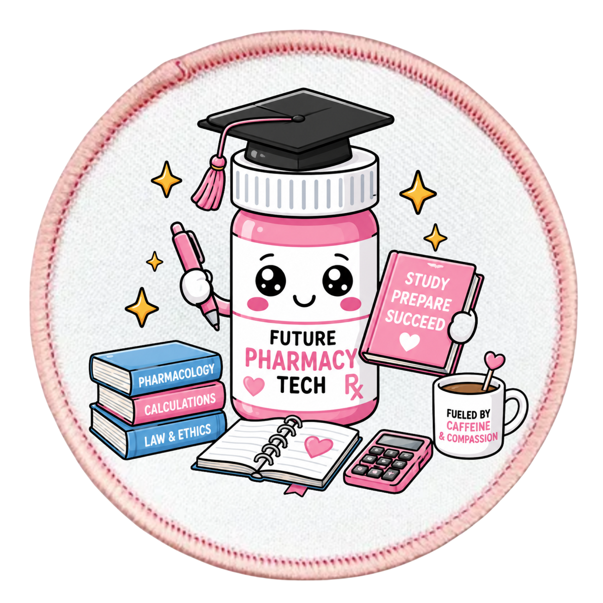 Patch design with a pharmacy-themed character, books, and a coffee cup on a white background.