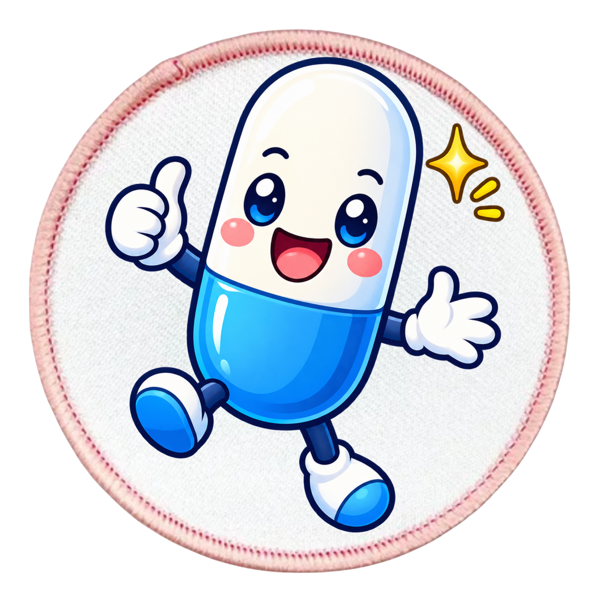 A round embroidered patch featuring a cute cartoon pill capsule character. The pill is split into a white top half and a blue bottom half, with expressive blue eyes, a smiling mouth, pink cheeks, and white gloves.