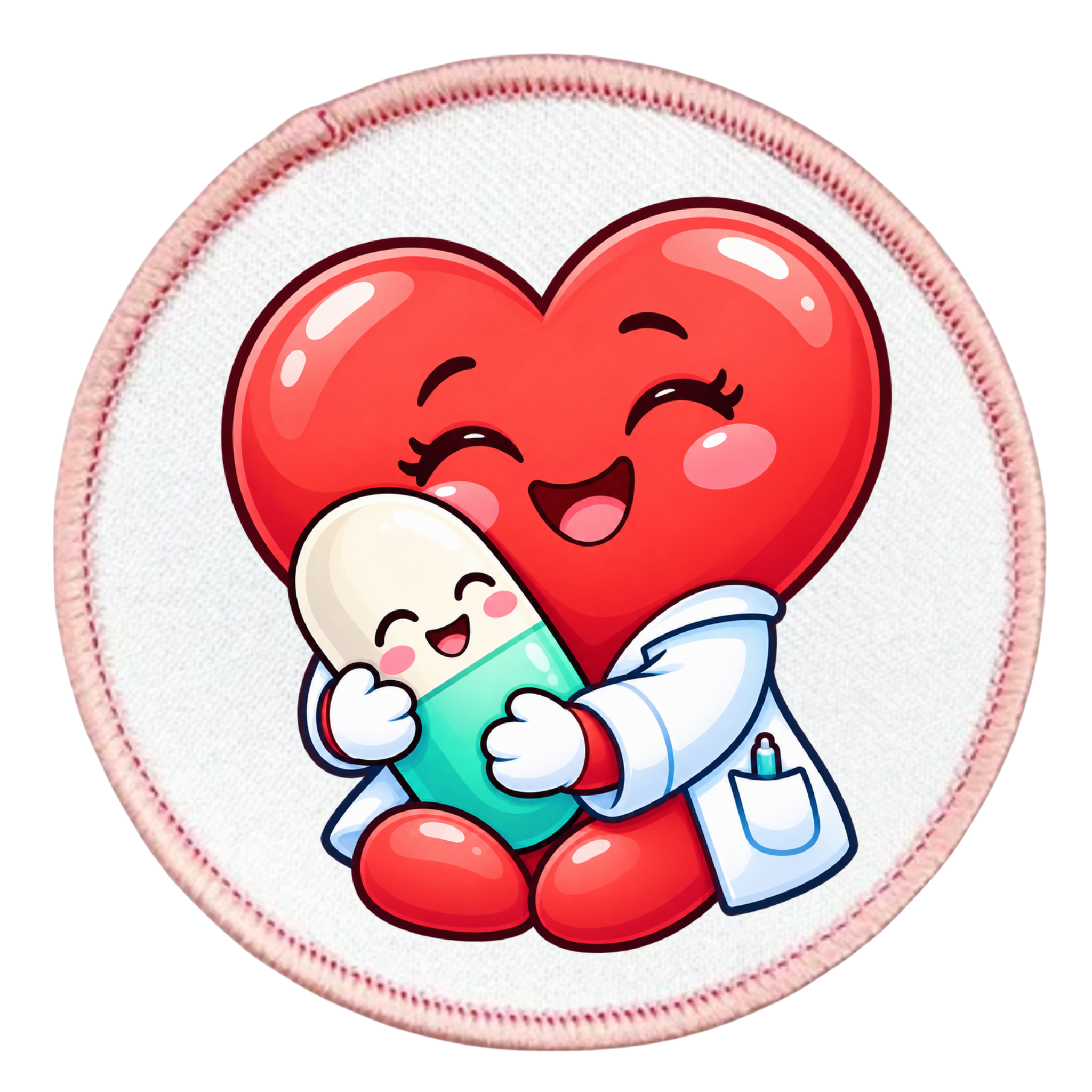 A round embroidered patch featuring a cute cartoon illustration of a red heart hugging a white pill capsule dressed in a white doctor coat. The patch has a white center, a pink stitched border, and is shown on a clean white background.