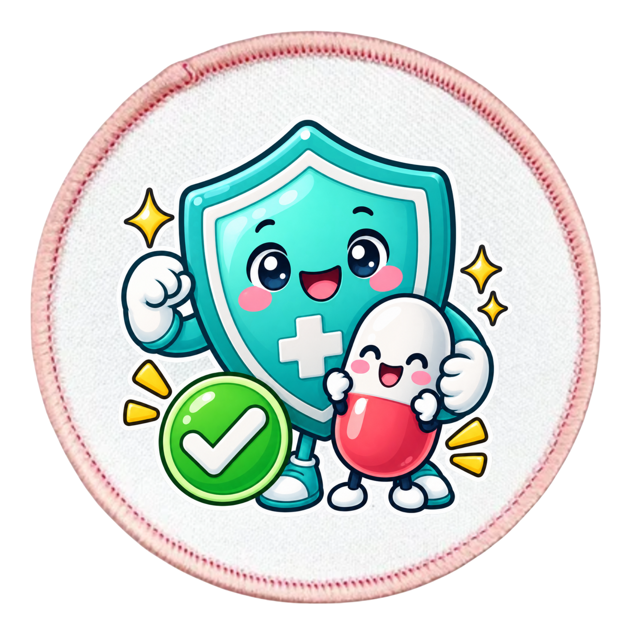 A round embroidered patch featuring a cute cartoon illustration of a teal shield character with a white cross, hugging a white pill character and a green check badge, all on a white fabric background with a pink stitched border.