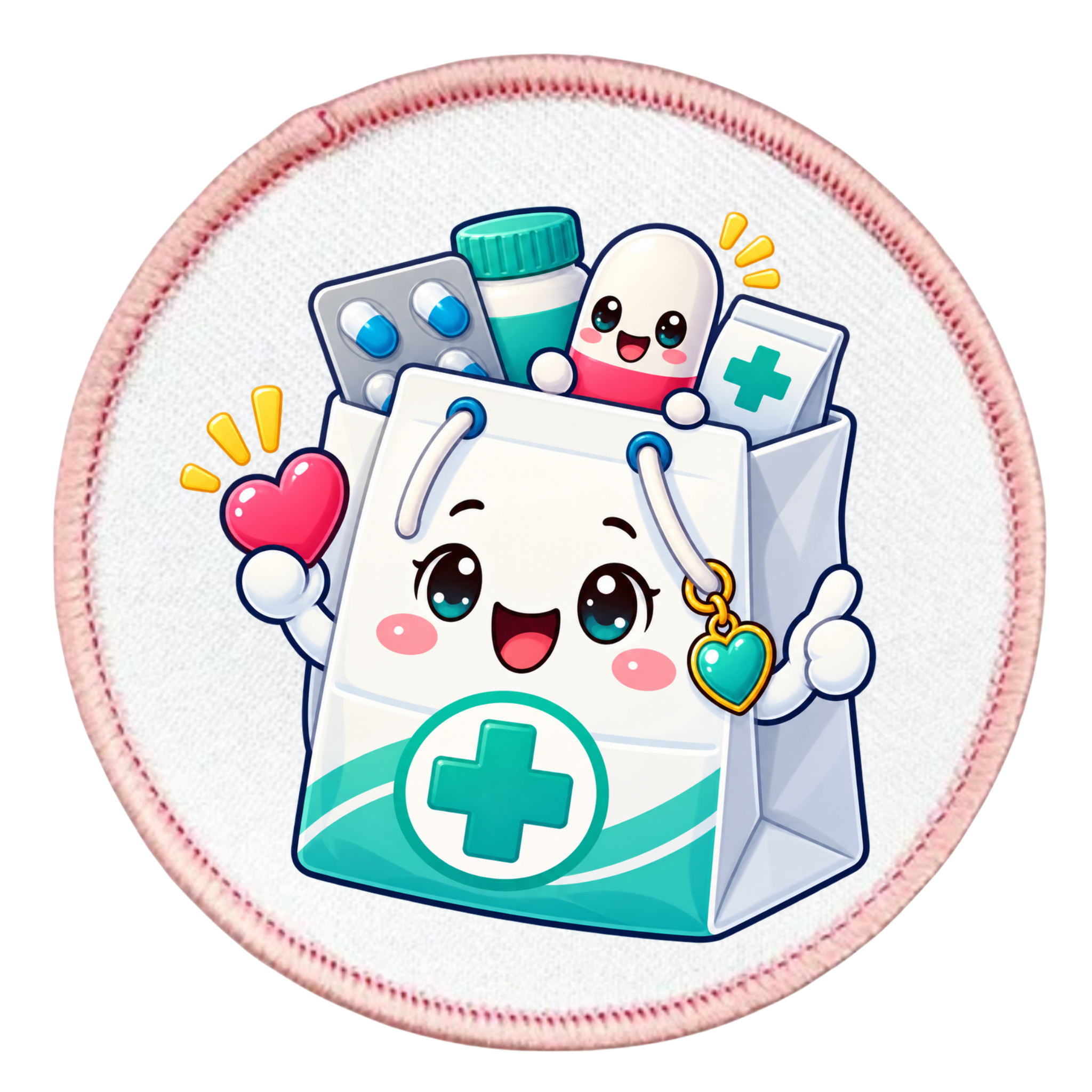 A circular patch or sticker featuring a cute cartoon medical bag with a smiling face, surrounded by health icons and pills. The patch has a white center, a pink stitched border, and is shown on a plain white background.