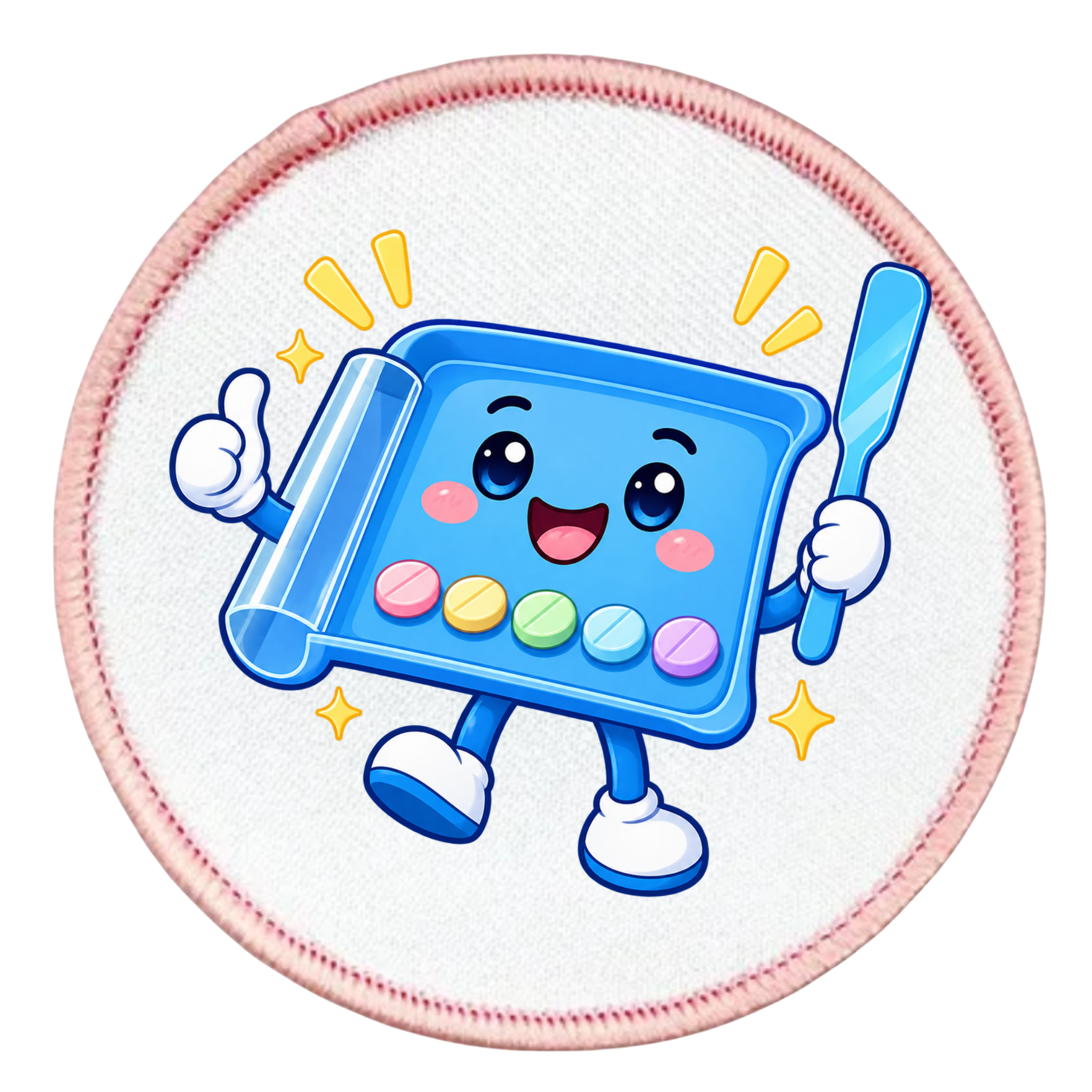 A round embroidered patch featuring a cute cartoon character resembling a blue toothbrush case with colorful round buttons, holding a toothbrush and giving a thumbs-up on a white background with a pink stitched border.