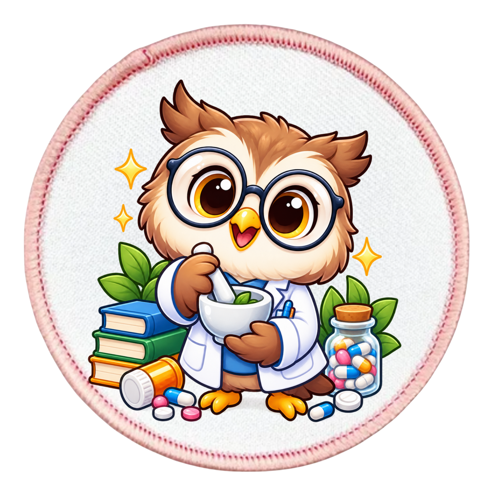 A circular embroidered patch featuring a cute cartoon owl dressed as a doctor in a white lab coat and glasses, holding a mortar and pestle. The owl is surrounded by books, leaves, pills, and a medicine jar on a white background with a pink stitched border.