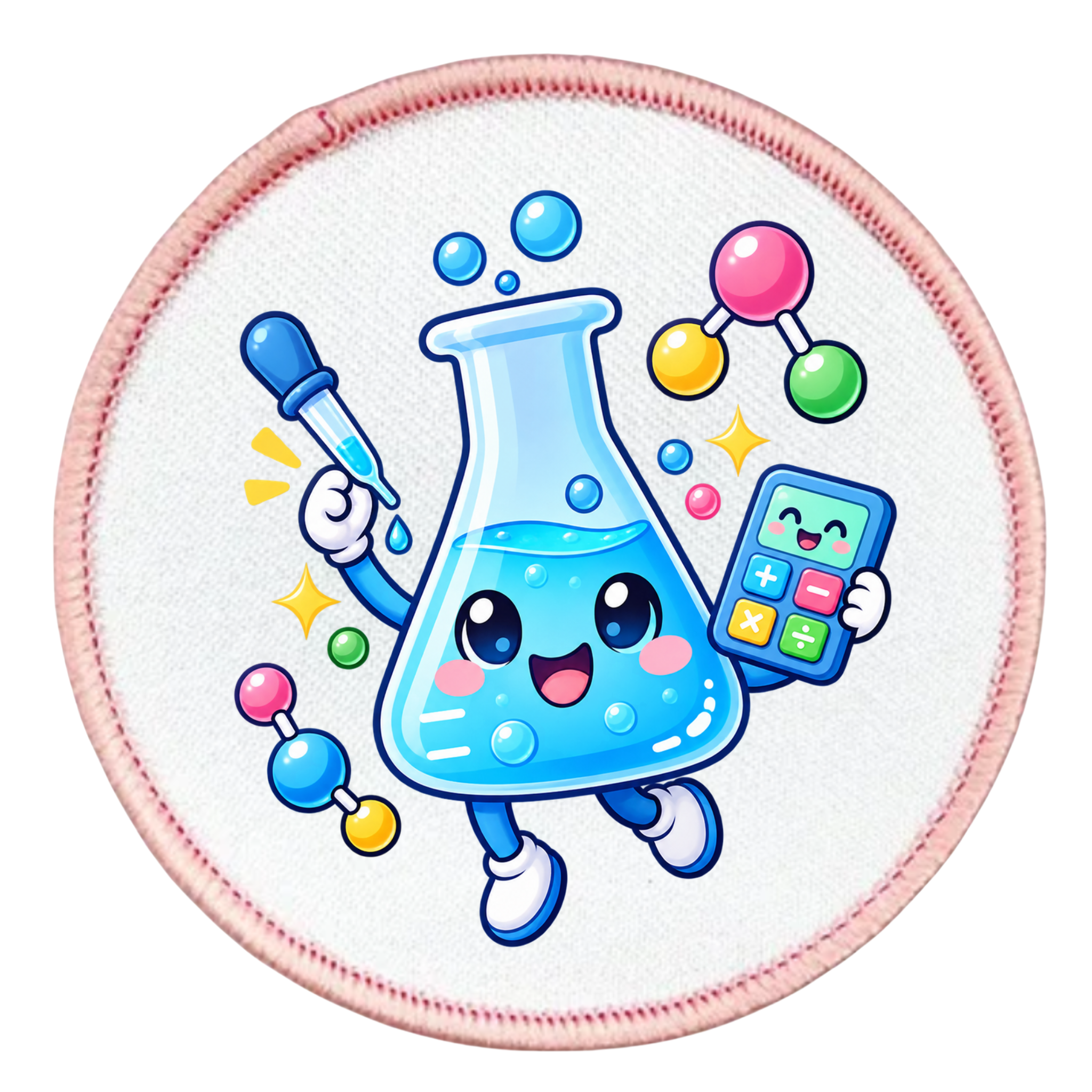 A round embroidered patch featuring a cute cartoon blue beaker character holding a dropper and calculator, surrounded by colorful molecular models and sparkles, with a pink stitched border on a white background.