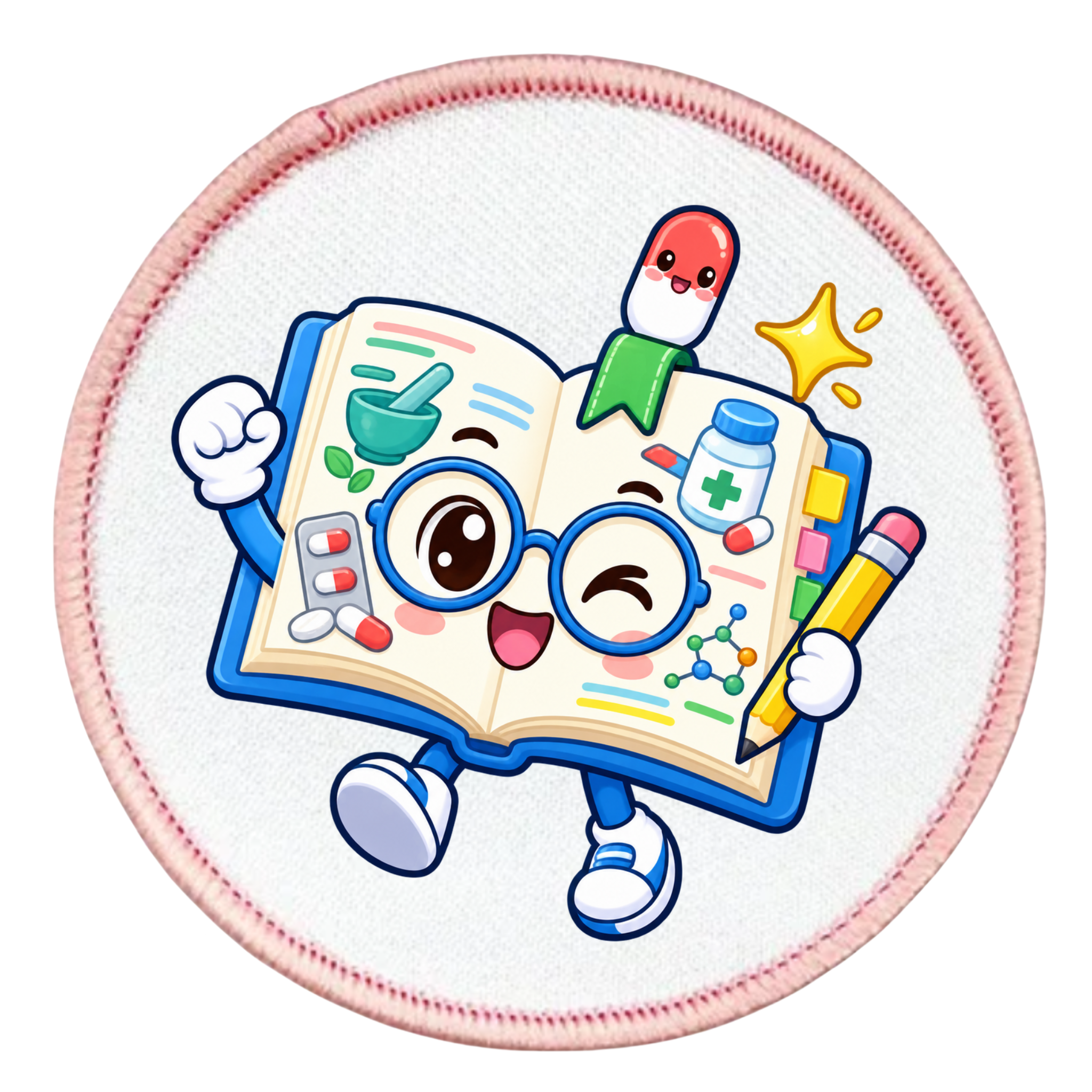 A circular white patch with a pink stitched border, featuring a cartoon open book character wearing blue glasses and holding a yellow pencil, surrounded by medical-themed icons like pills, a stethoscope, a pill bottle, and a star.