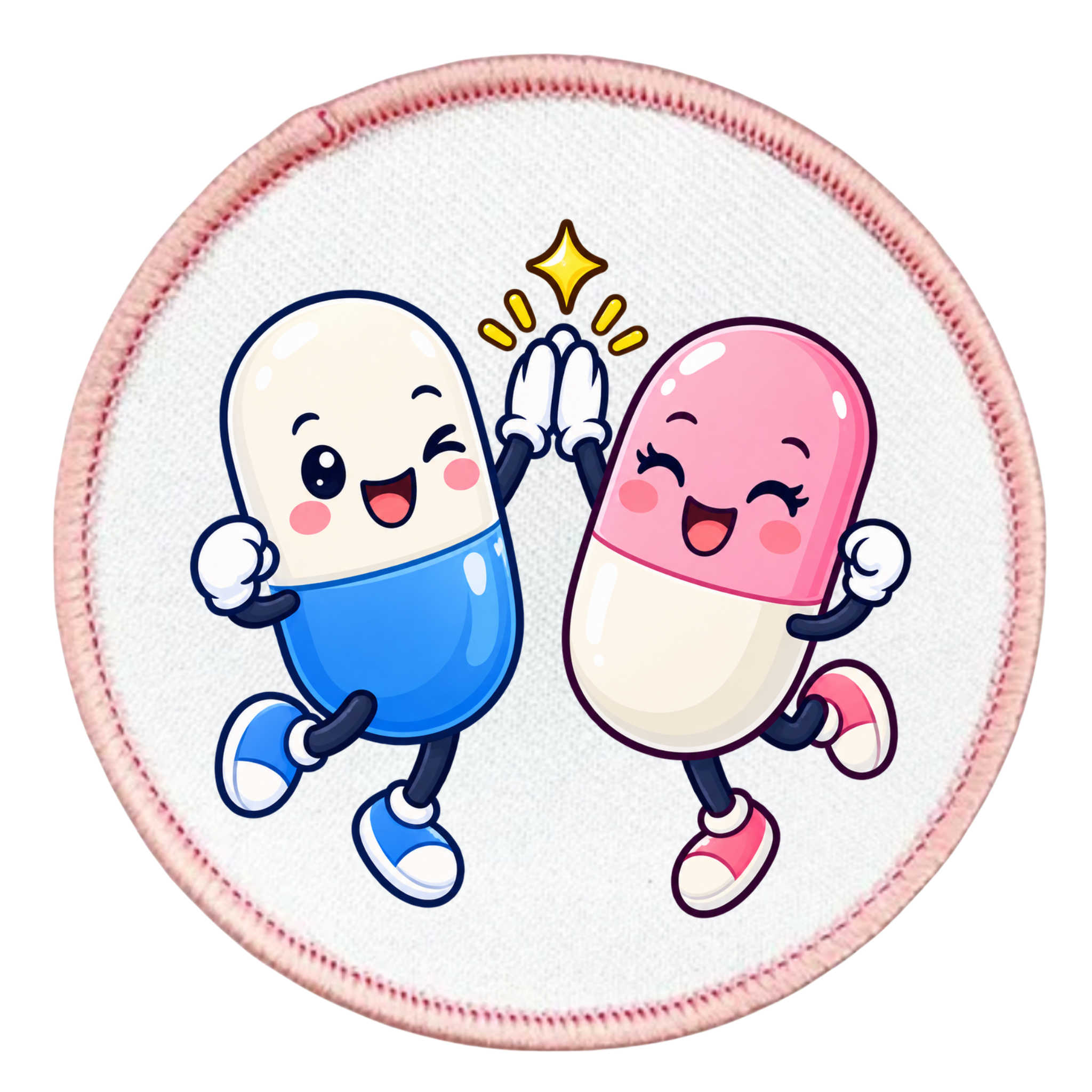 A round embroidered patch featuring two cartoon capsules dancing and high-fiving. One capsule is blue and white, and the other is pink and white, with a yellow star above their hands.