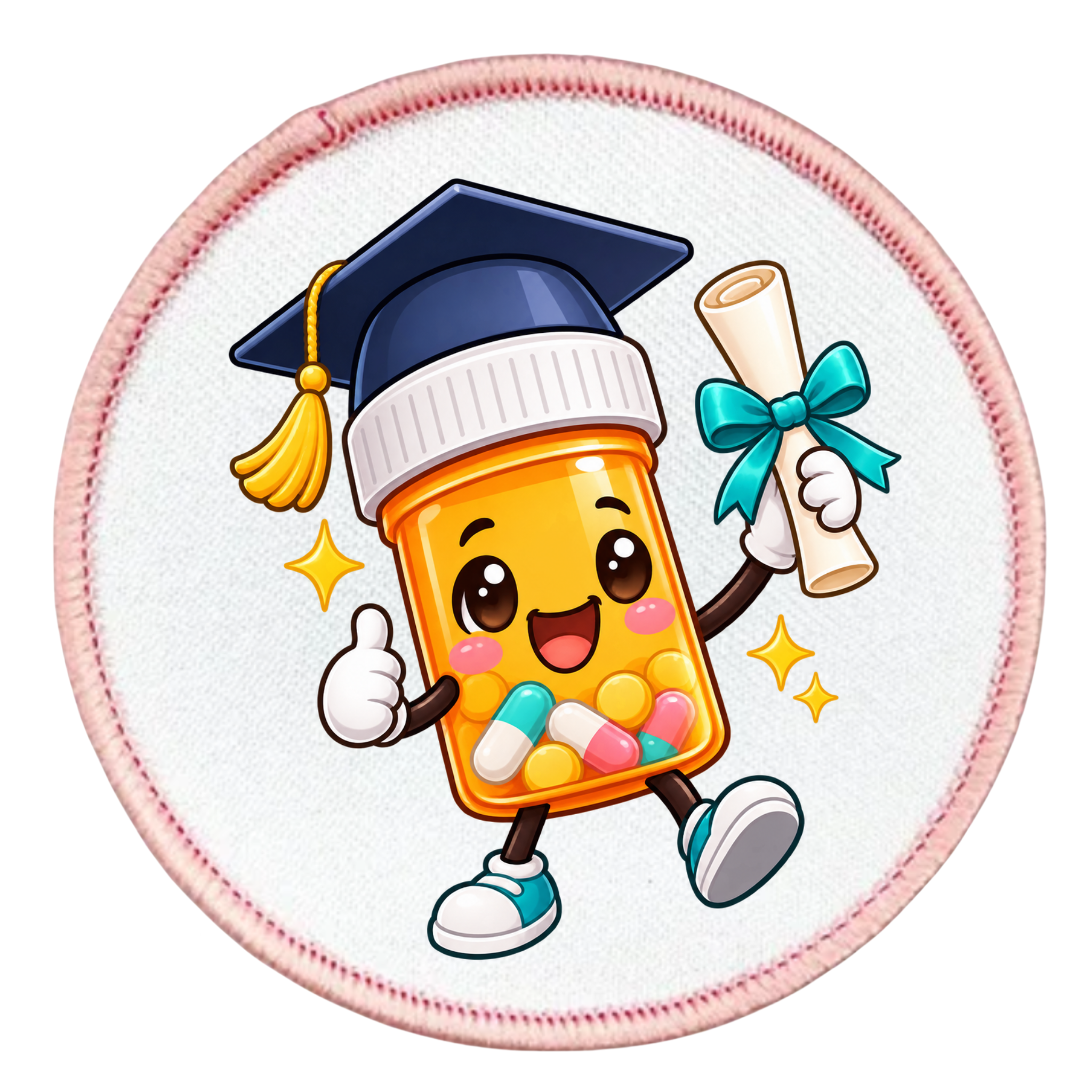 A circular embroidered patch featuring a cute cartoon pill bottle character wearing a graduation cap and holding a diploma, with colorful capsules inside, on a white background with a pink stitched border.