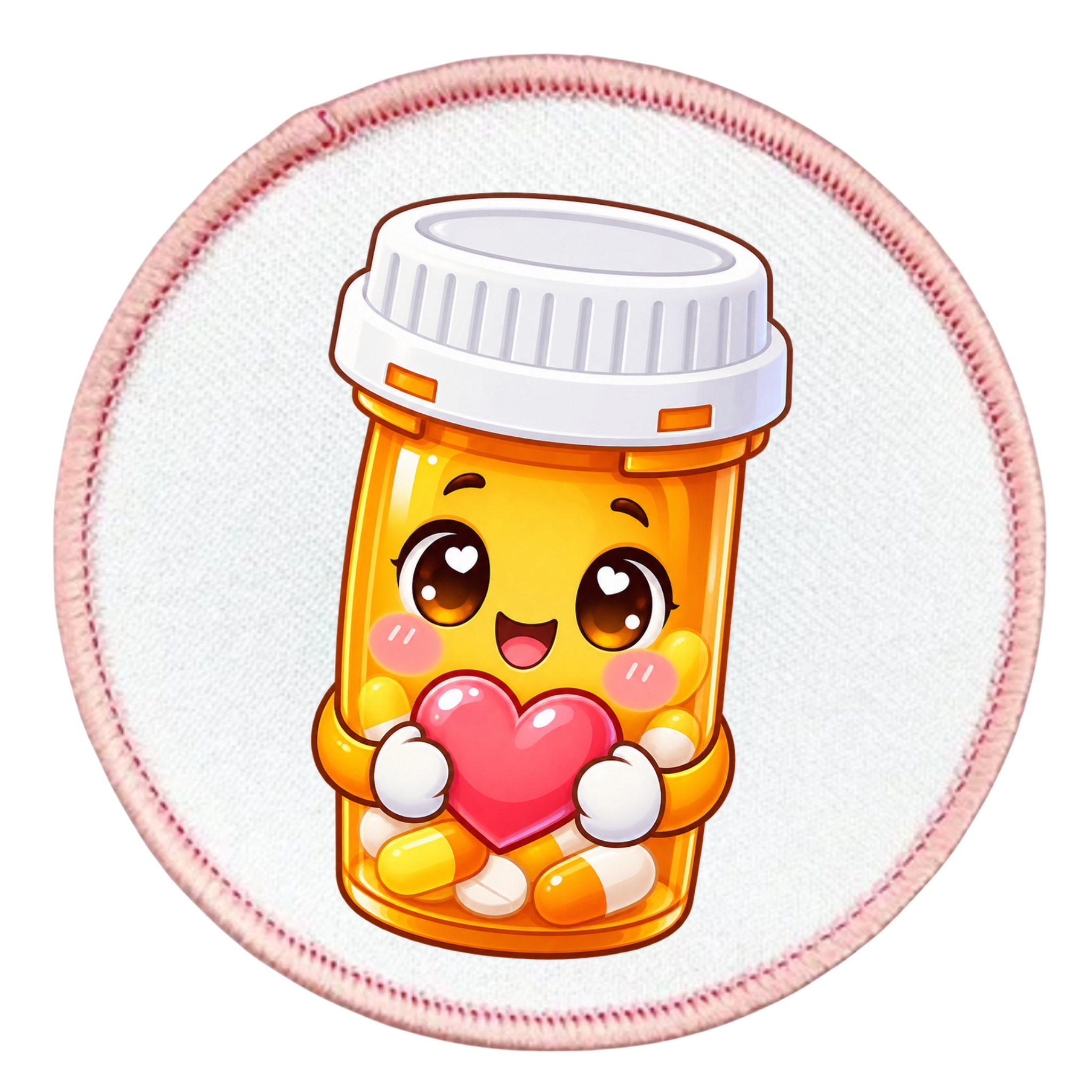 A circular embroidered patch featuring a cute cartoon pill bottle character holding a pink heart, on a white background with a pink stitched border.