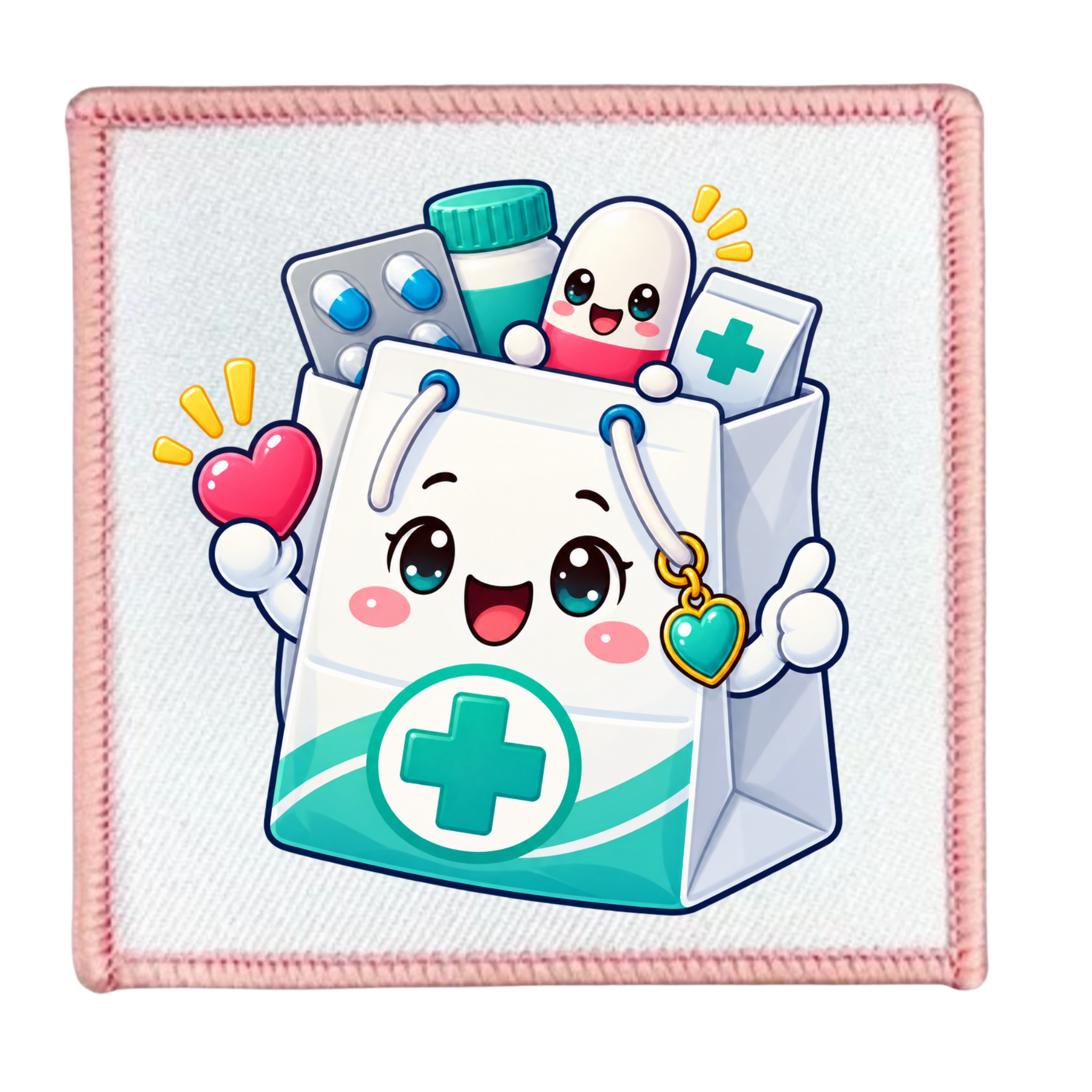 A square white patch with a pink stitched border, featuring a cute cartoon illustration of a white medical shopping bag with a teal cross, holding pills, a heart, and a thumbs-up, on a white background.